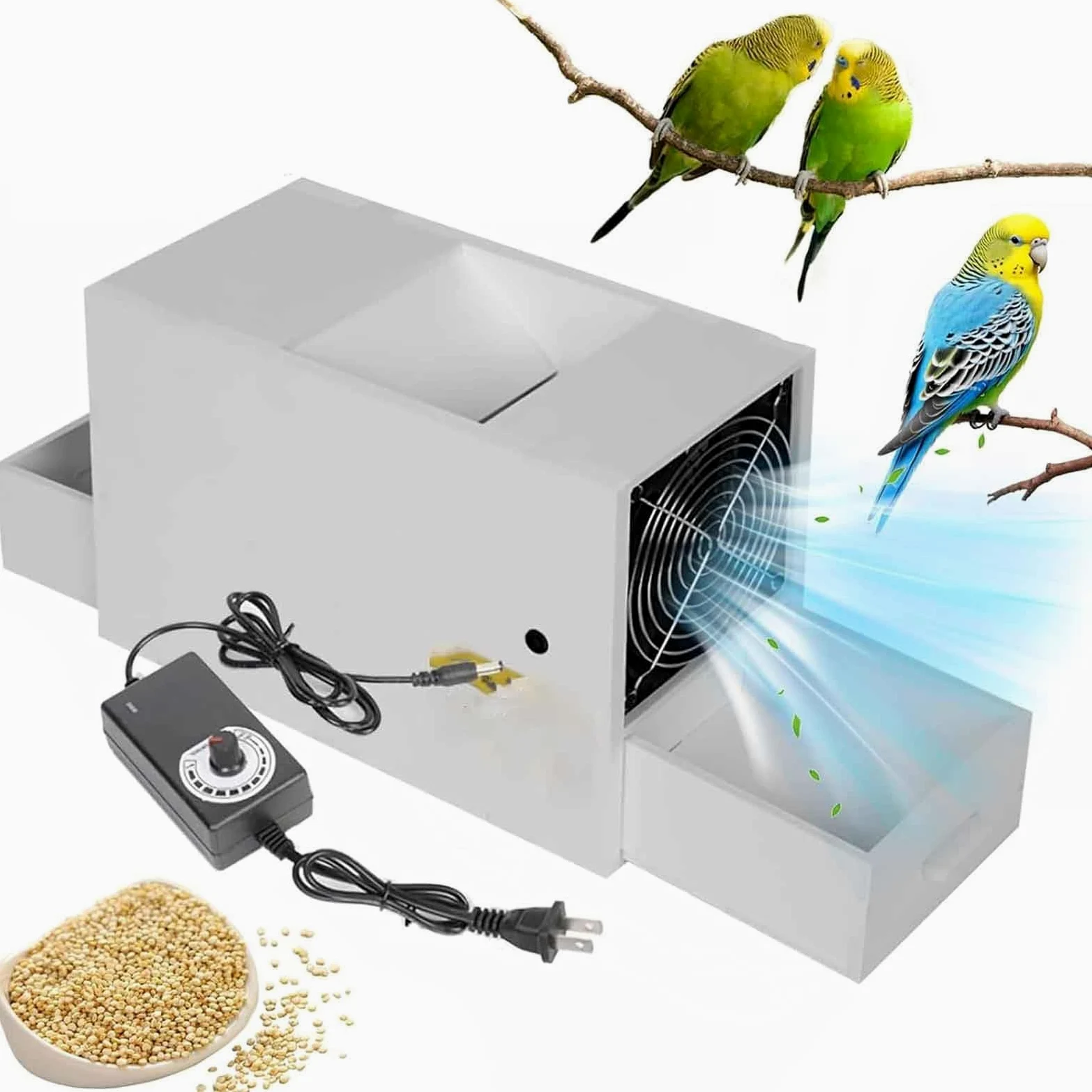 Limpiador eléctrico de semillas de pájaros, velocidad ajustable con ventiladores dobles y 2 cajones para mijo, granos, semillas, arroz y frijoles