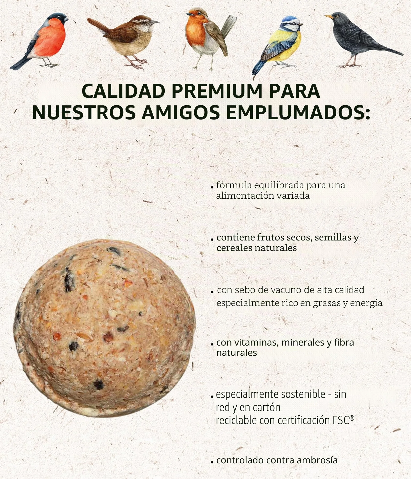 Dehner Natura Premium Bola de Masa sin Red, alimento para Aves Silvestres Durante Todo el año, Rico en proteínas y energético, alimento para Aves Silvestres, 30 Unidades de 90 g (2,7 kg), cartón de