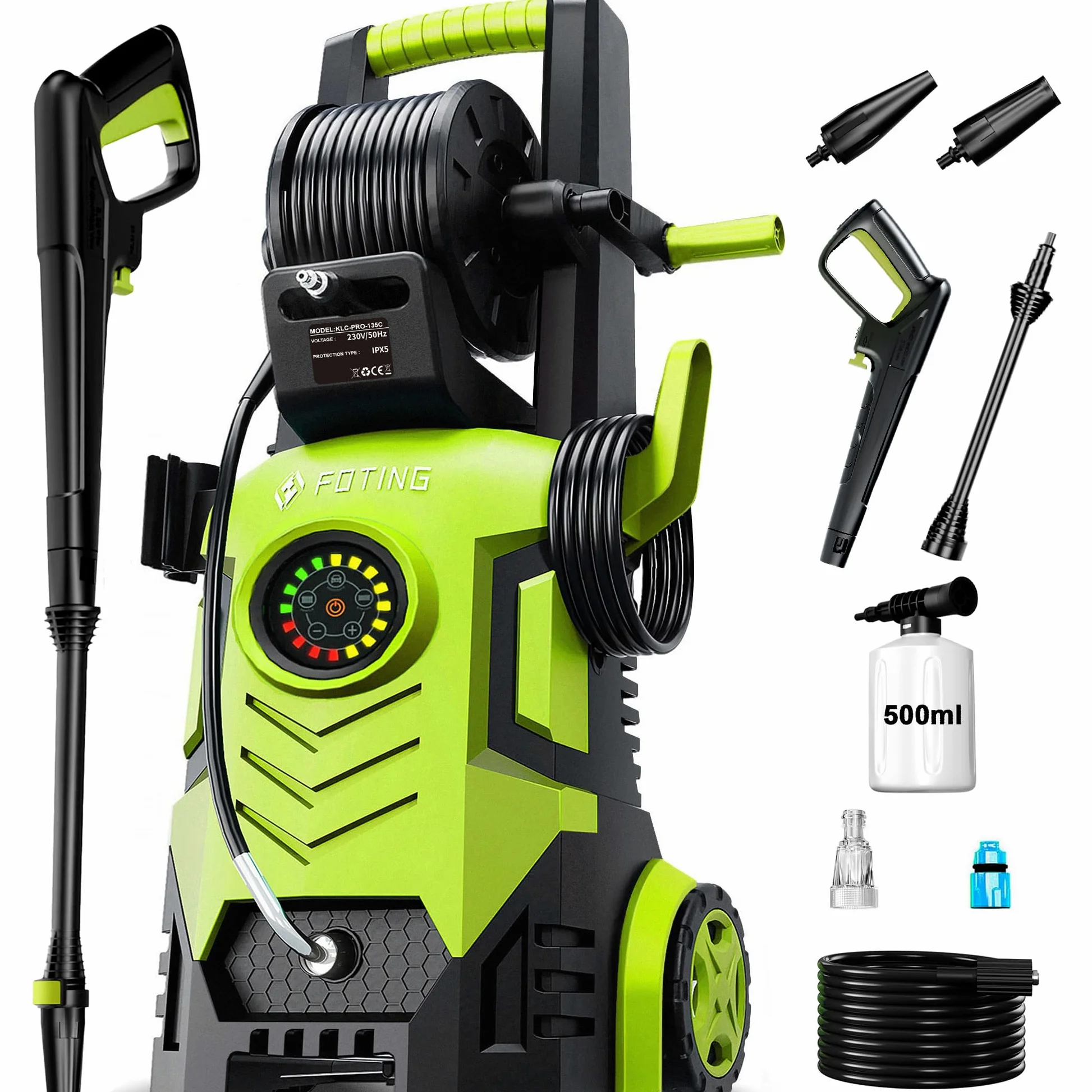 Limpiador de alta presión de 150 bar, pantalla táctil de 8 niveles, 3 modos, 250-420 l/h, 60 m²/h, con carrete de manguera, pistola de espuma de 500 ml, fresa de suciedad, manguera de 7 m