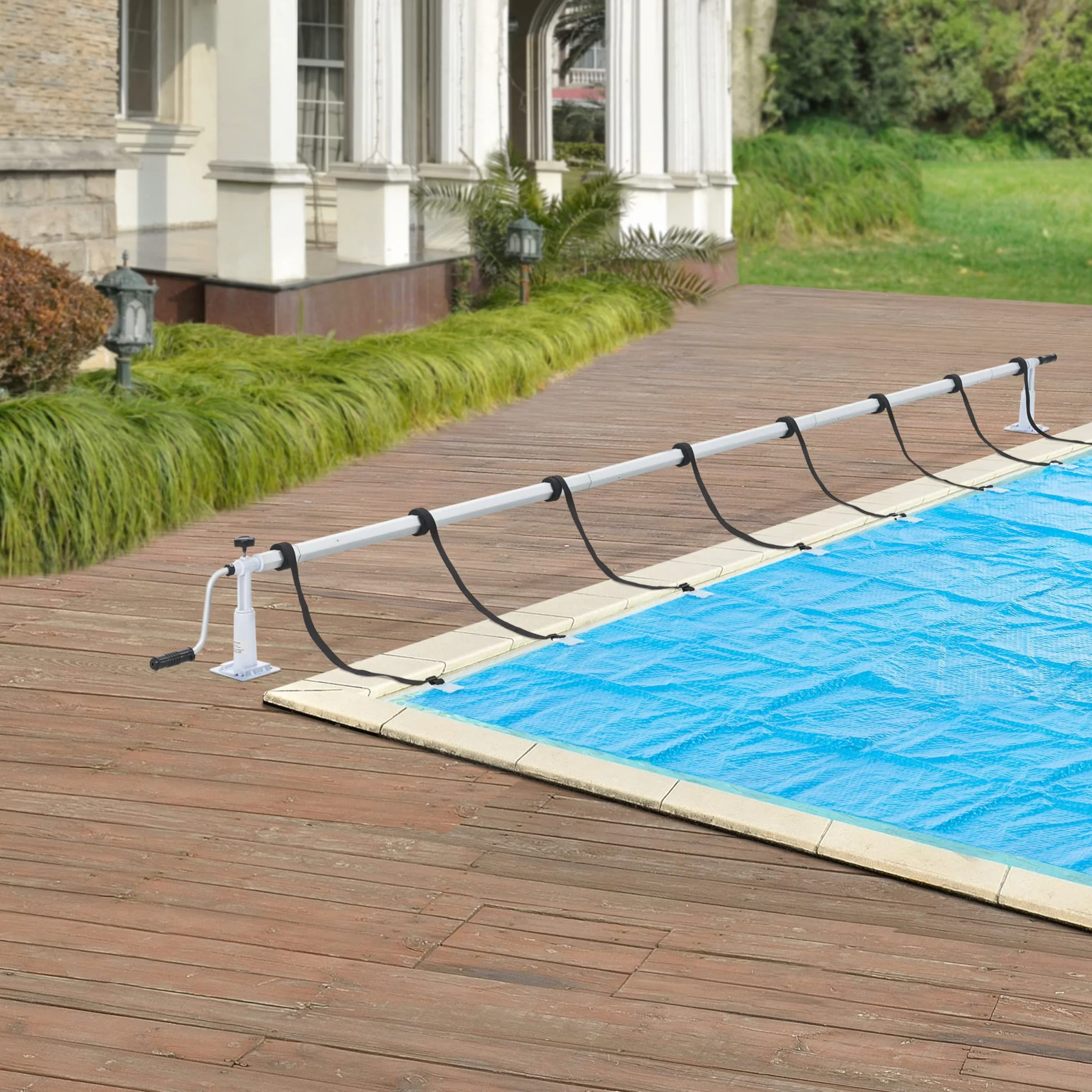 [en.casa] Enrollador de Cubierta de Piscina Retractor de Lona Longitud Ajustable Barra Telescópica 8 Correas con 2 Guías Aluminio Plástico 555x13x30 cm Multicolor