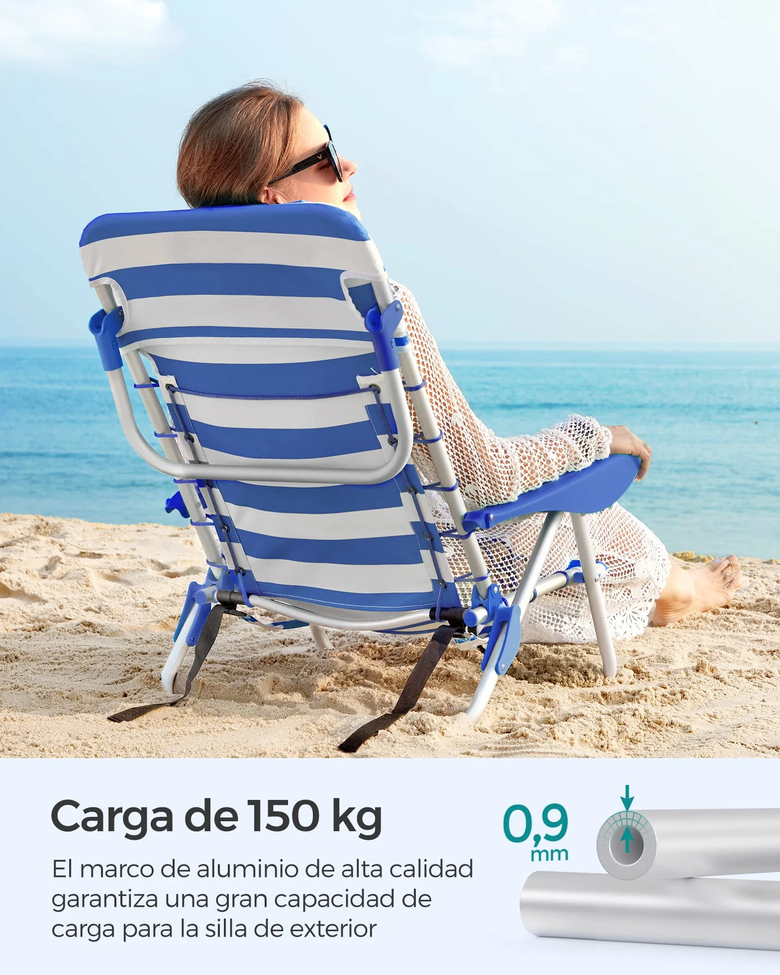 SONGMICS - Silla de Playa, Silla Plegable para Camping, con Correa, Respaldo Ajustable, reposacabezas, apoyabrazos, 2 Fundas Laterales, Azul y Blanco GCB62BU