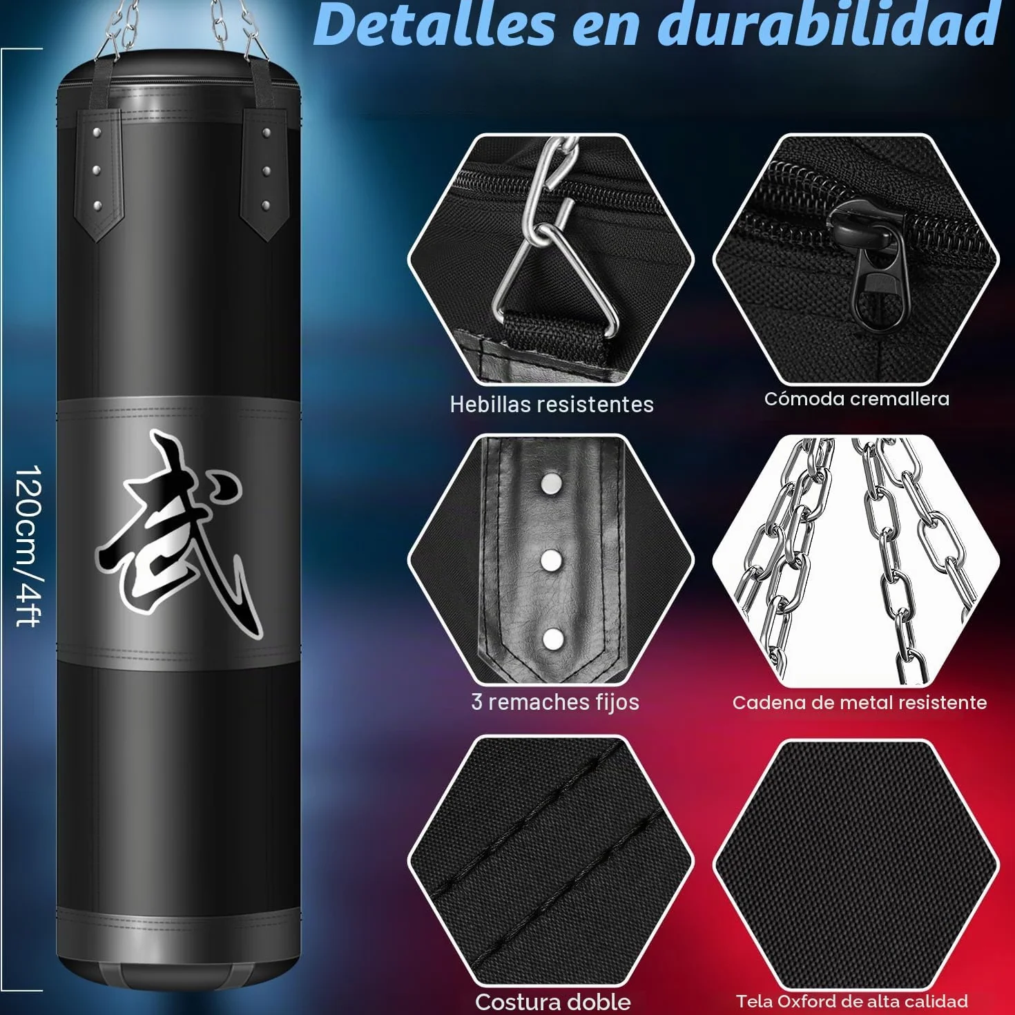Saco de Boxeo Colgante 120 cm Tela Oxford con Gancho Cadena y Vendajes para MMA Karate Kickboxing