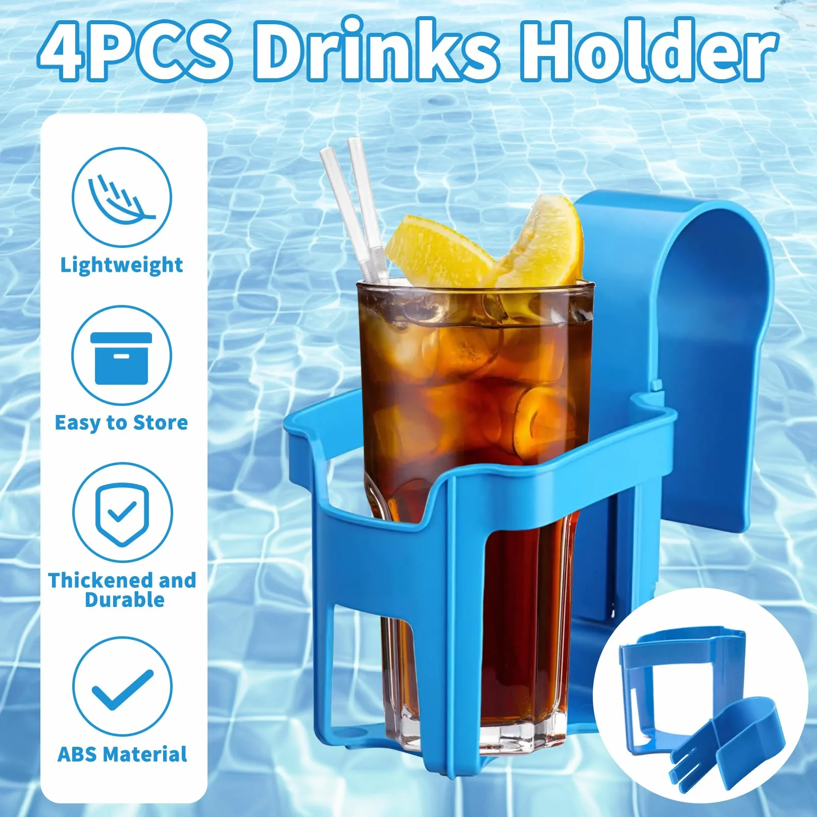 4 soportes para bebidas para piscina, soporte para colgar vasos de agua, soporte multifuncional, accesorios para piscina, sin derrames, soporte para bebidas de plástico (azul)