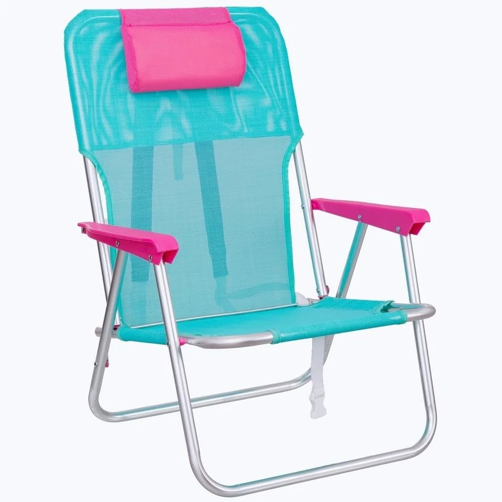 LOLAhome Silla Playa Camping Mochila Junior, Plegable de Aluminio y textileno Aguamarina, Silla Fija de 55x40x71 cm, con cojín Cervical Rosa, Correas Acolchadas y Ajustables