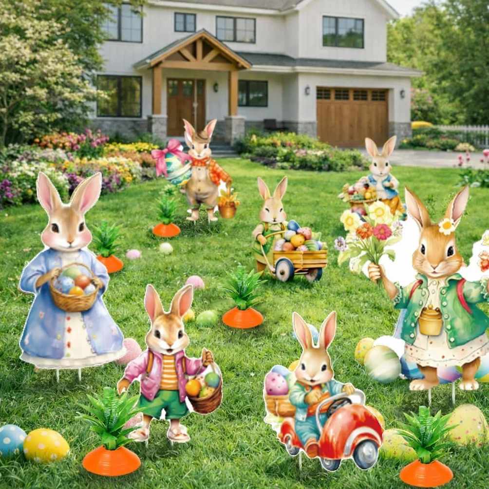 Decoración Pascua Jardín Exterior 8 Piezas Conejos de Pascua con Estacas, Decoración Primavera para Césped Patio Terraza, Adornos Pascua Exterior para Niños, Fiesta Easter Egg Hunt