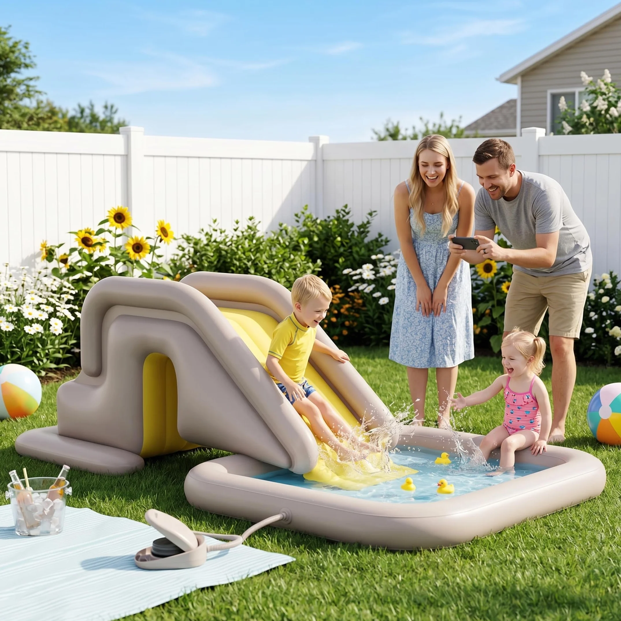 Tobogán inflable para piscina, tobogán para piscina con amplia base rellenable con agua: fácil instalación y almacenamiento de PVC para interiores y exteriores para niños adultos (caqui, con bomba