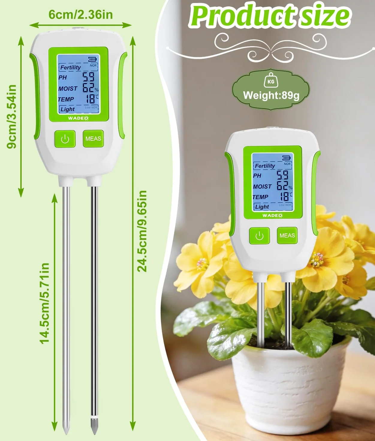 WADEO Medidor de suelo 5 en 1 para temperatura/fertilidad/humedad del suelo/pH/luz solar, pantalla LCD con retroiluminación, medidor digital de suelo para jardinería y agricultura