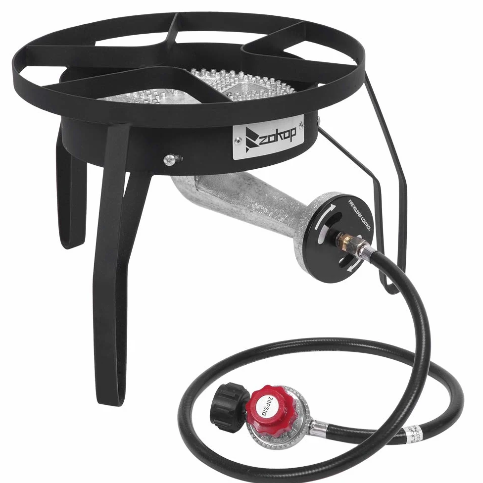 200 000 BTU redondo resistente estufa de gas propano para exteriores, estufa de gas propano portátil de hierro fundido con regulador ajustable de 0 a 20 Psi para cerveza casera, freír pavo