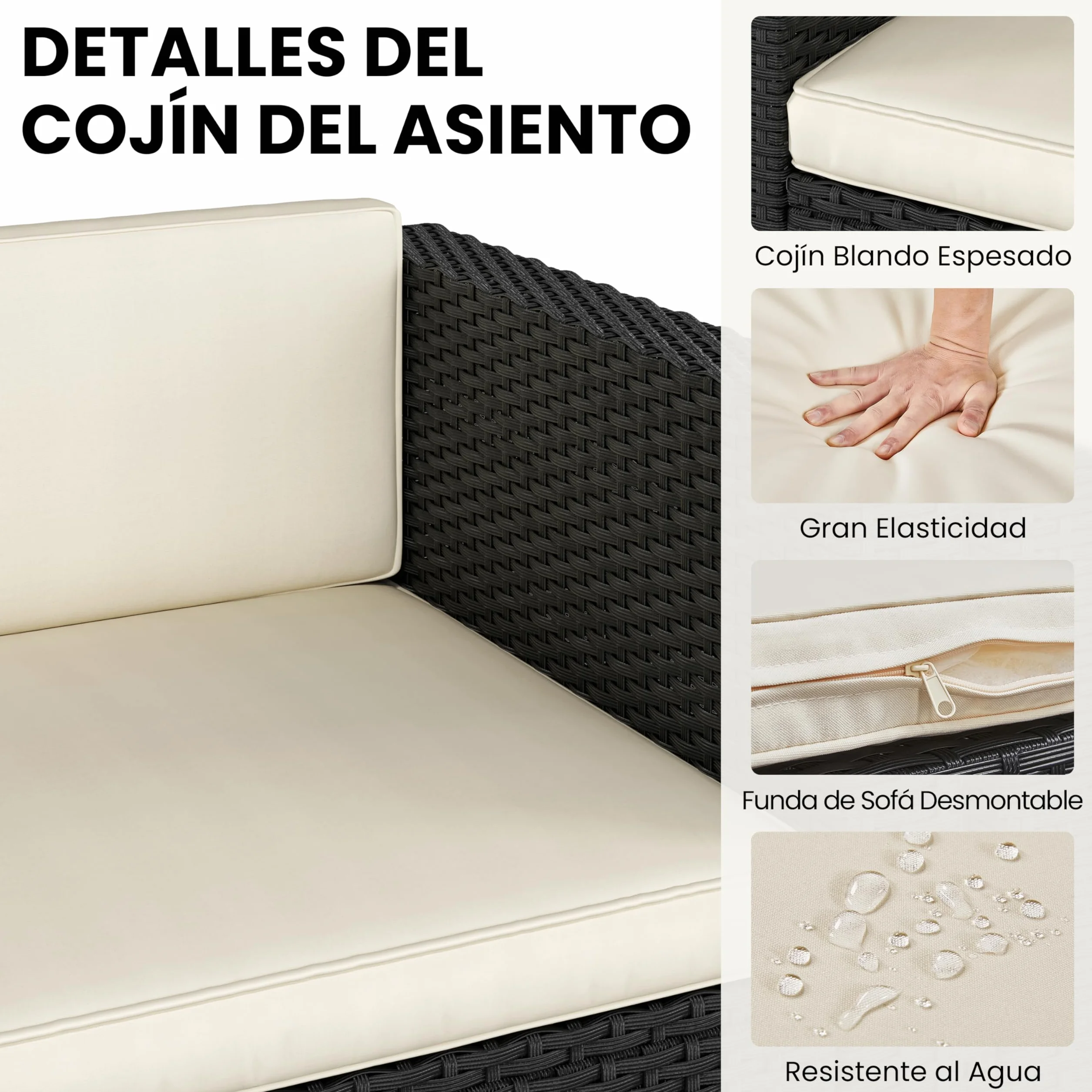 Yaheetech Conjunto de Muebles Ratán de Jardín 5 Piezas con Cojines, 3 Plazas Sofá 1 Taburete y 1 Mesa de Café de Cristal (Negro/Beige)