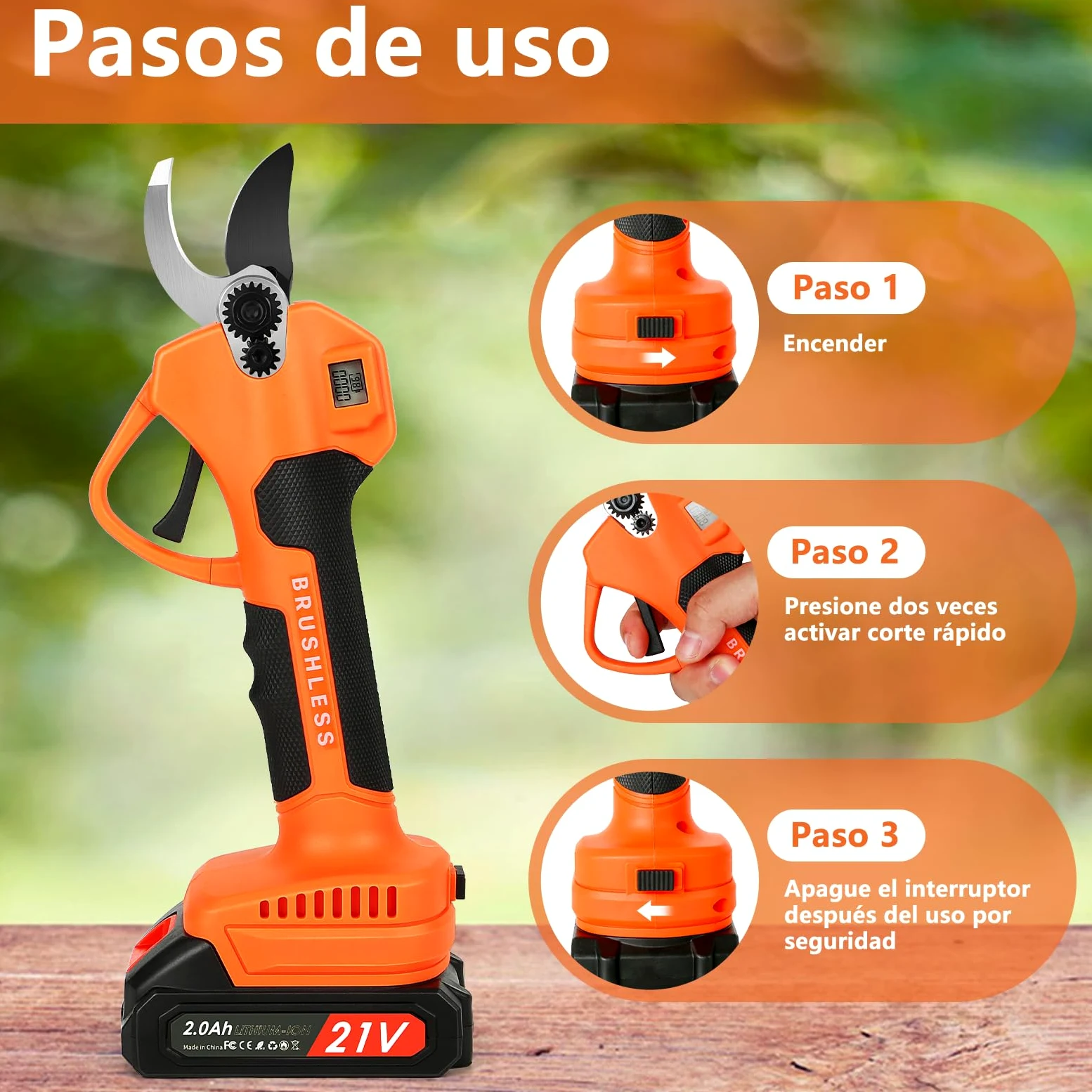 Tijeras de Podar Eléctricas, Profesional Tijeras de Podar con Motor Brushless, LCD Pantalla, 2000 mAh Bateria, SK5 Suchillas, Tijeras de Jardín Eléctricas para Jardinería, Árboles Frutales, Viñedos