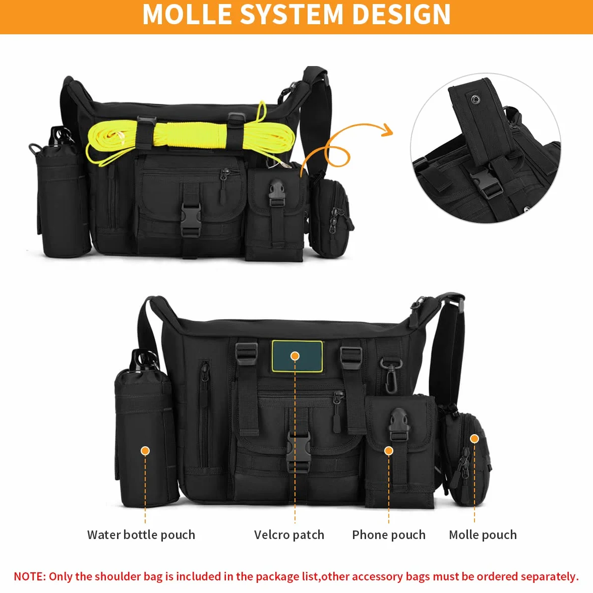 Mochila de Hombro Militar Táctical Impermeable Negro Bolso de Bandolera Múltiple Función