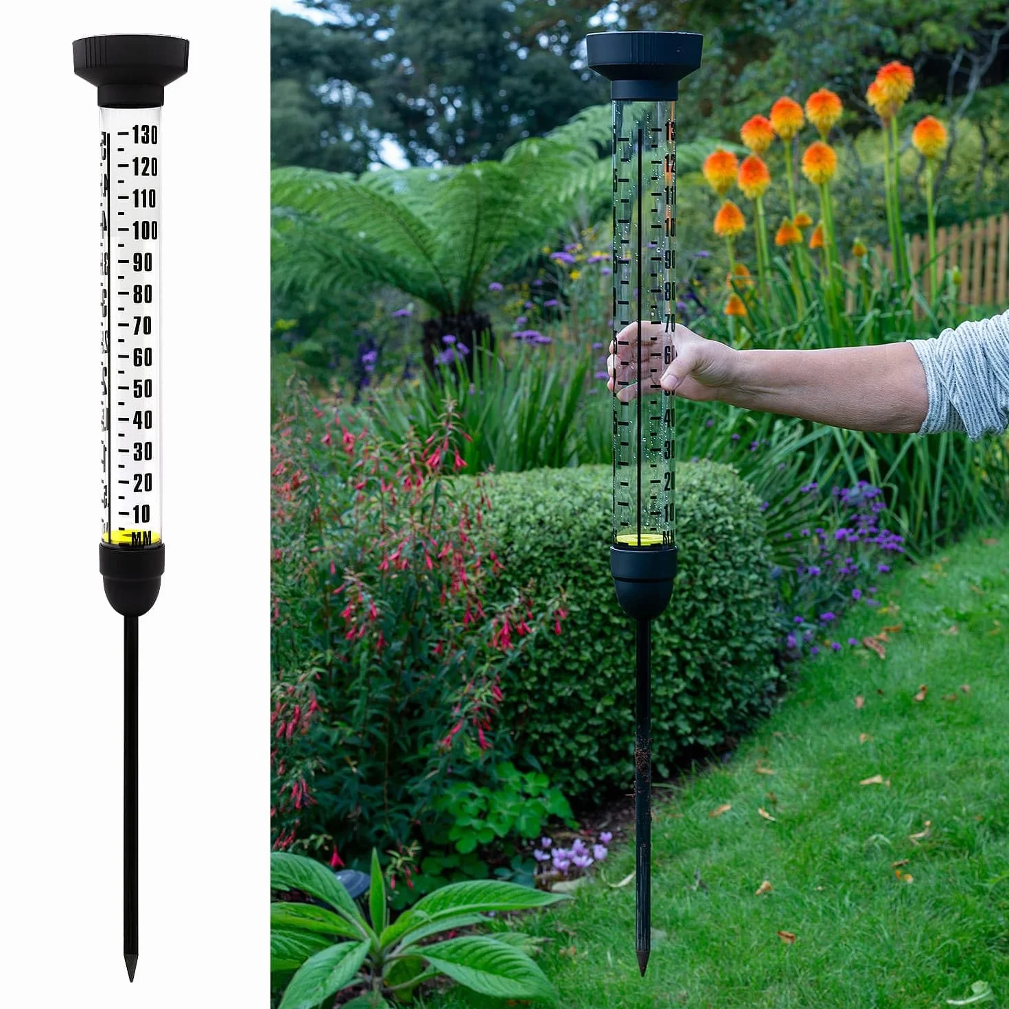 CKB LTD Pluviómetro con Pica para Exteriores – Medidor Extra Grande de Medición de Precipitaciones de Agua de Doble Escala con Estaca de Suelo para Césped, Jardín, Granjas y Campos de Golf, 100 cm de