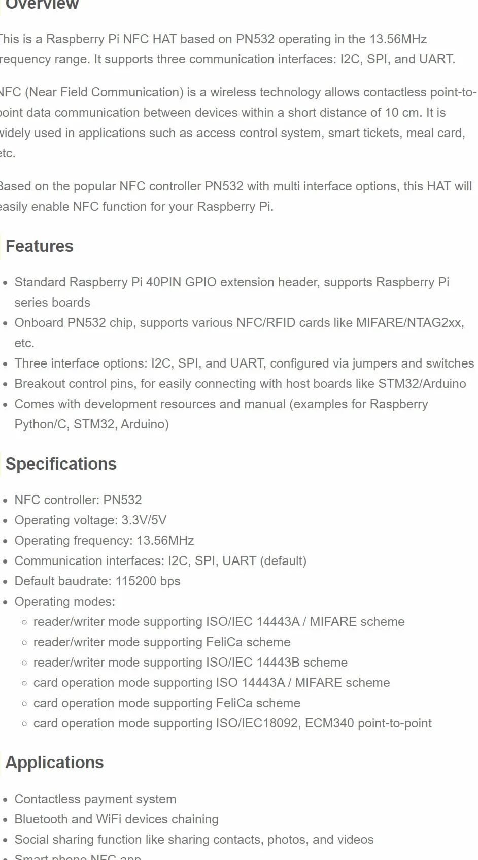 Waveshare PN532 NFC Hat for Raspberry Pi Near Field Communication I2C SPI UART Wireless Access Control Smart Tickets