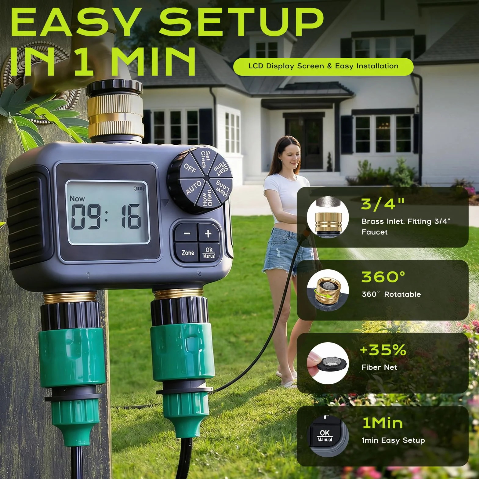 Programador de Riego 2 Salidas, IPX5 Impermeable Temporizador Riego con Entrada y Salida de Latón, Retardo por Lluvia, Riego Automático y Manual, Programador Riego a Pilas para Jardín Césped