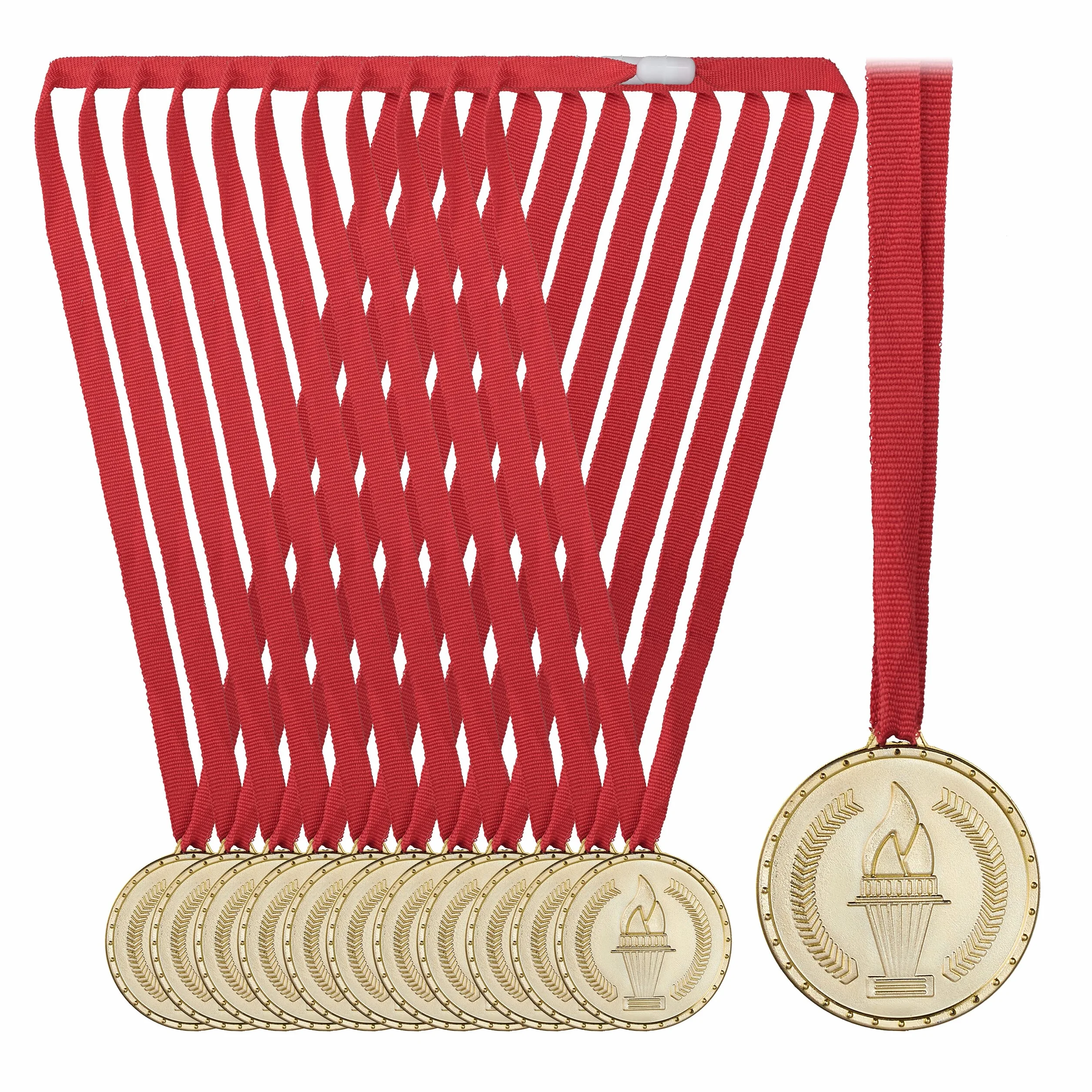 Relaxdays Medallas Oro Niños Cinta Roja Set 12 Ø 5 cm Plástico Dorado