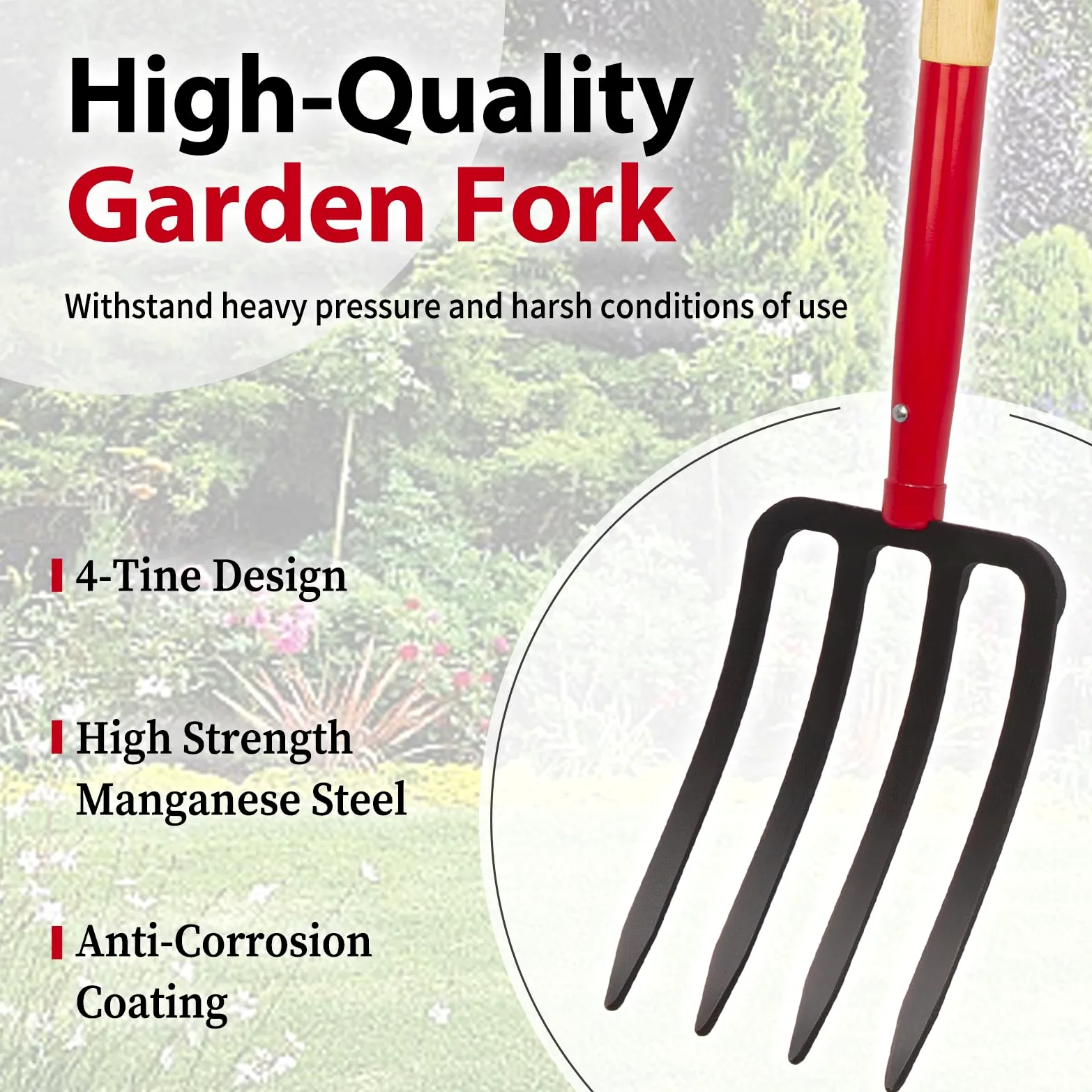 Tenedor de jardín resistente para excavar, tenedor de paso de 4 dientes para abono de jardinería, tenedor de jardín con mango de madera, 45 pulgadas