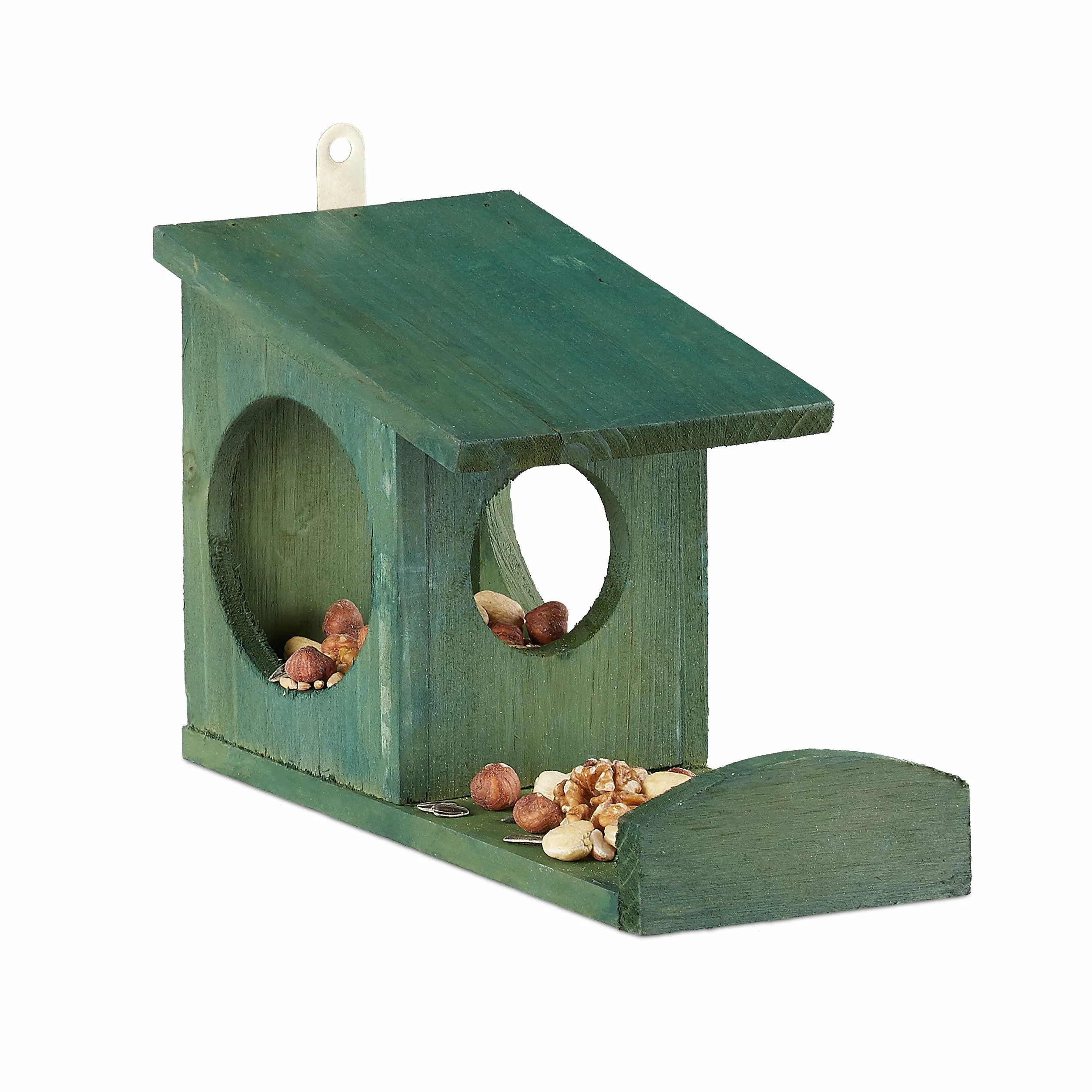 Relaxdays, 5 x 14 x 25 cm Comedero Ardillas para Colgar, Madera de Abeto, Verde Oscuro, 17