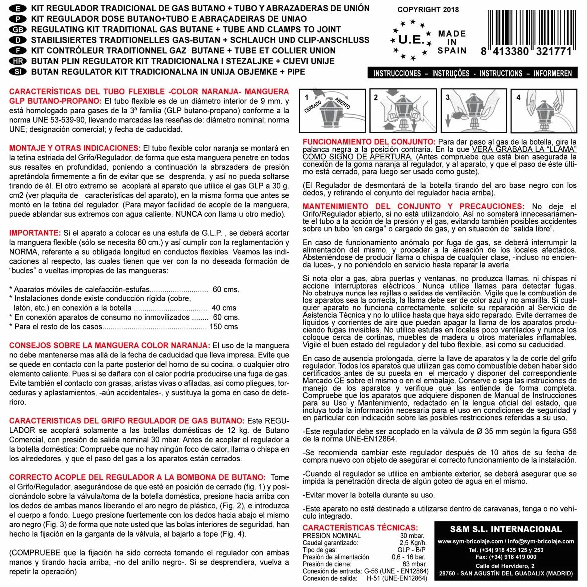 S&M 321771 - Kit completo butano: Regulador de gas butano + Tubo Goma 1,5 metros + 2 abrazaderas de seguridad | Homologado para España | Apto para cocinas, estufas, calderas y barbacoas