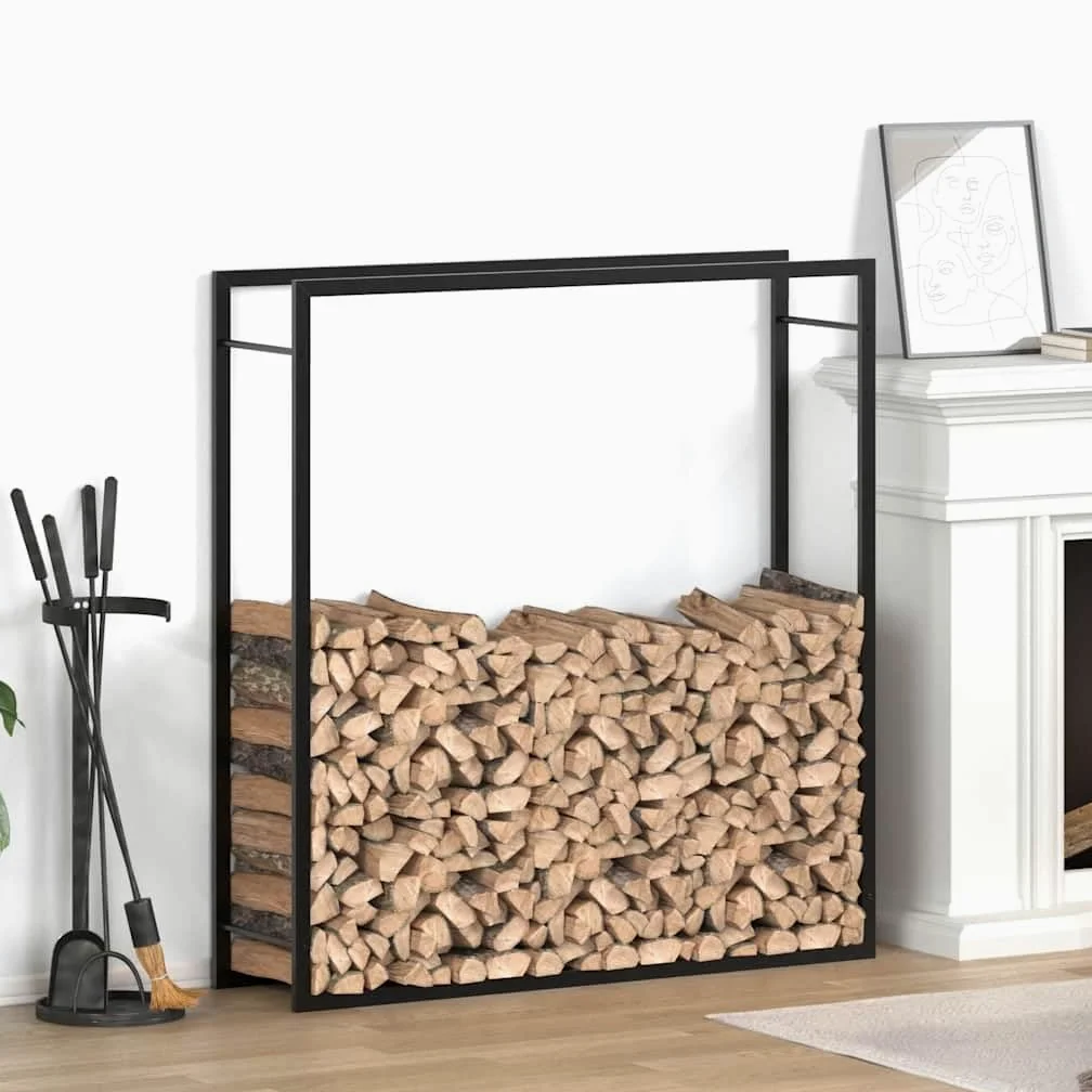 Estantería para leña de acero negro mate, 110 x 28 x 116 cm, para almacenamiento en seco, soporte para leña para interior, terraza y jardín