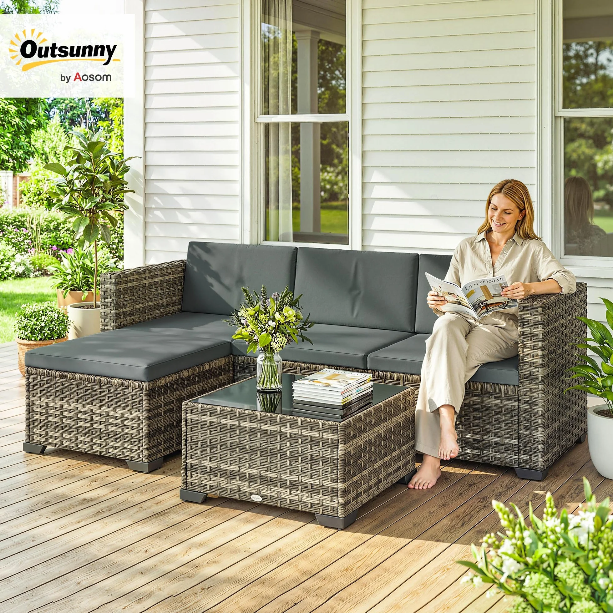 Outsunny Conjunto de Jardín de Ratán de 5 Piezas, Conjunto Terraza Resistente, Muebles Jardín Exterior Incluye Cojines, 2 Sillones de Esquina, Sillón sin Brazos, Reposapiés y Mesa Centro, Gris Oscuro