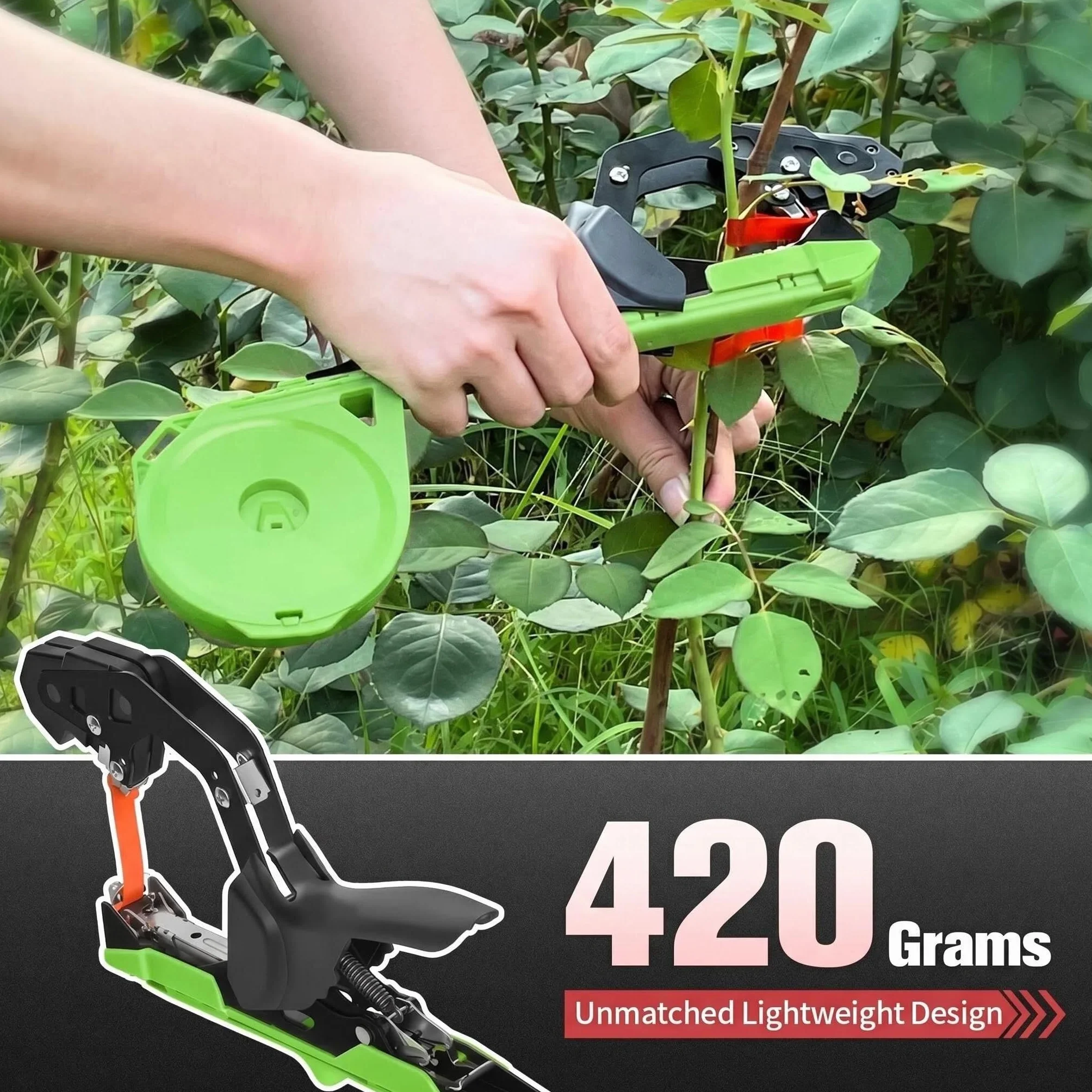 Atadora de Plantas Profesional, Máquina para Atar Tomates, Viñas, Uvas, Pepinos y Flores – Herramienta de Cinta Rápida y Eficiente con Grapas y Cintas Incluidas, Verde/Negro