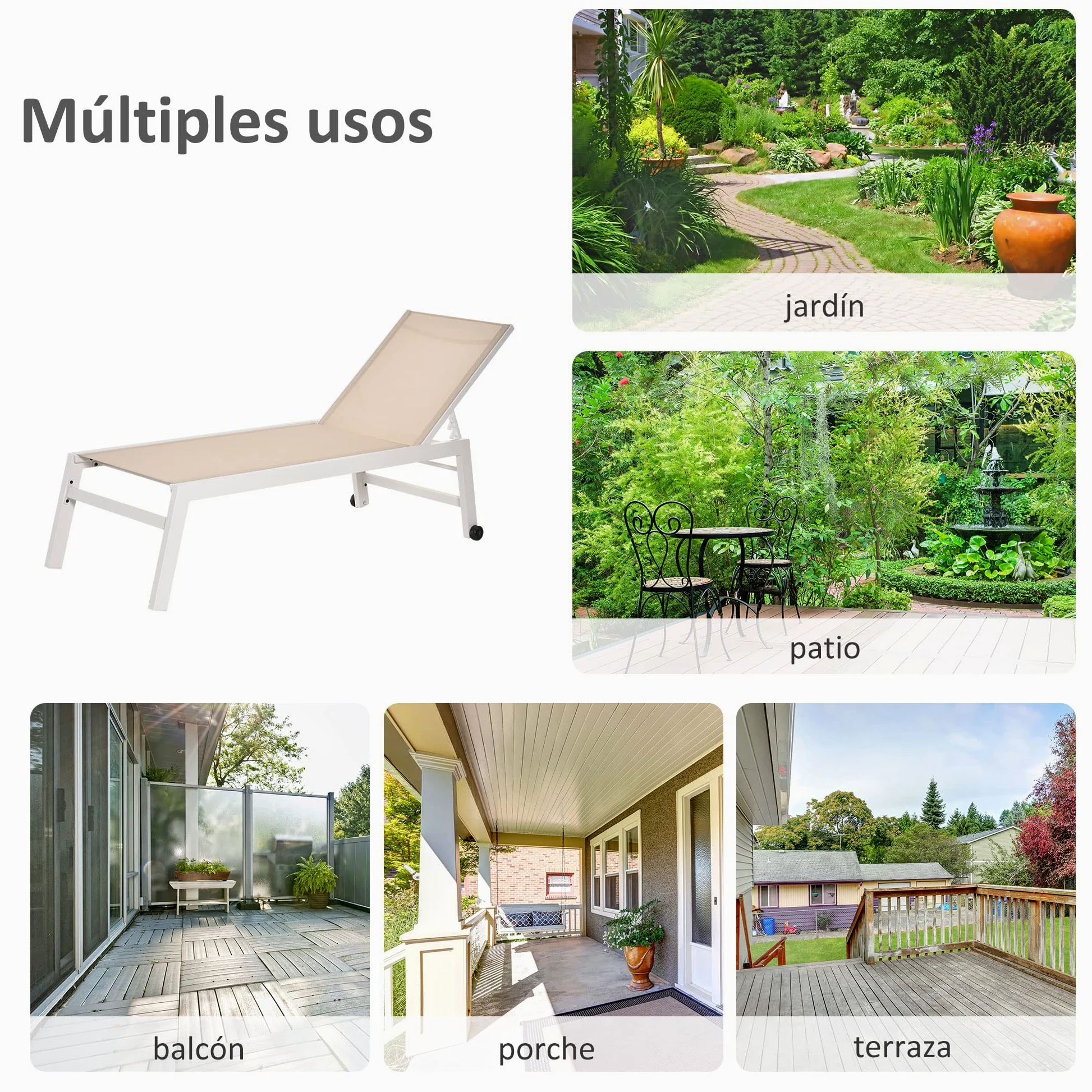 Outsunny Tumbona de Jardín de Aluminio Tumbona Exterior con Respaldo Reclinable en 5 Posiciones Ruedas Carga 120 kg para Patio Terraza 169x65x102 cm Caqui
