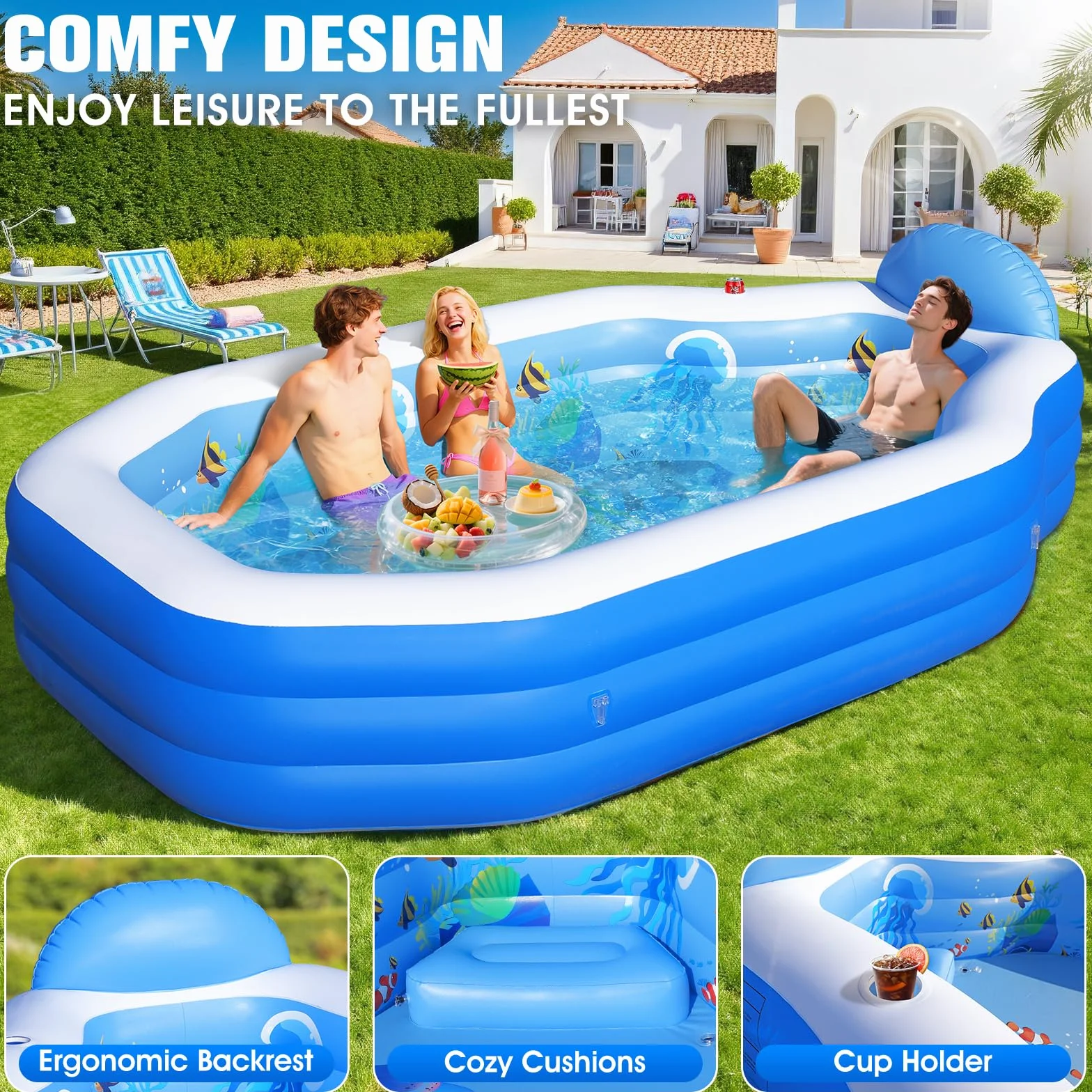 ChlorBlu Piscina Hinchable Grande con Toldo, 300x190x55cm Piscina Hinchable Adultos, Piscinas Hinchable Rectangular Resistentes y Gruesas, Piscinas Hinchable Familiar para Jardín Exterior
