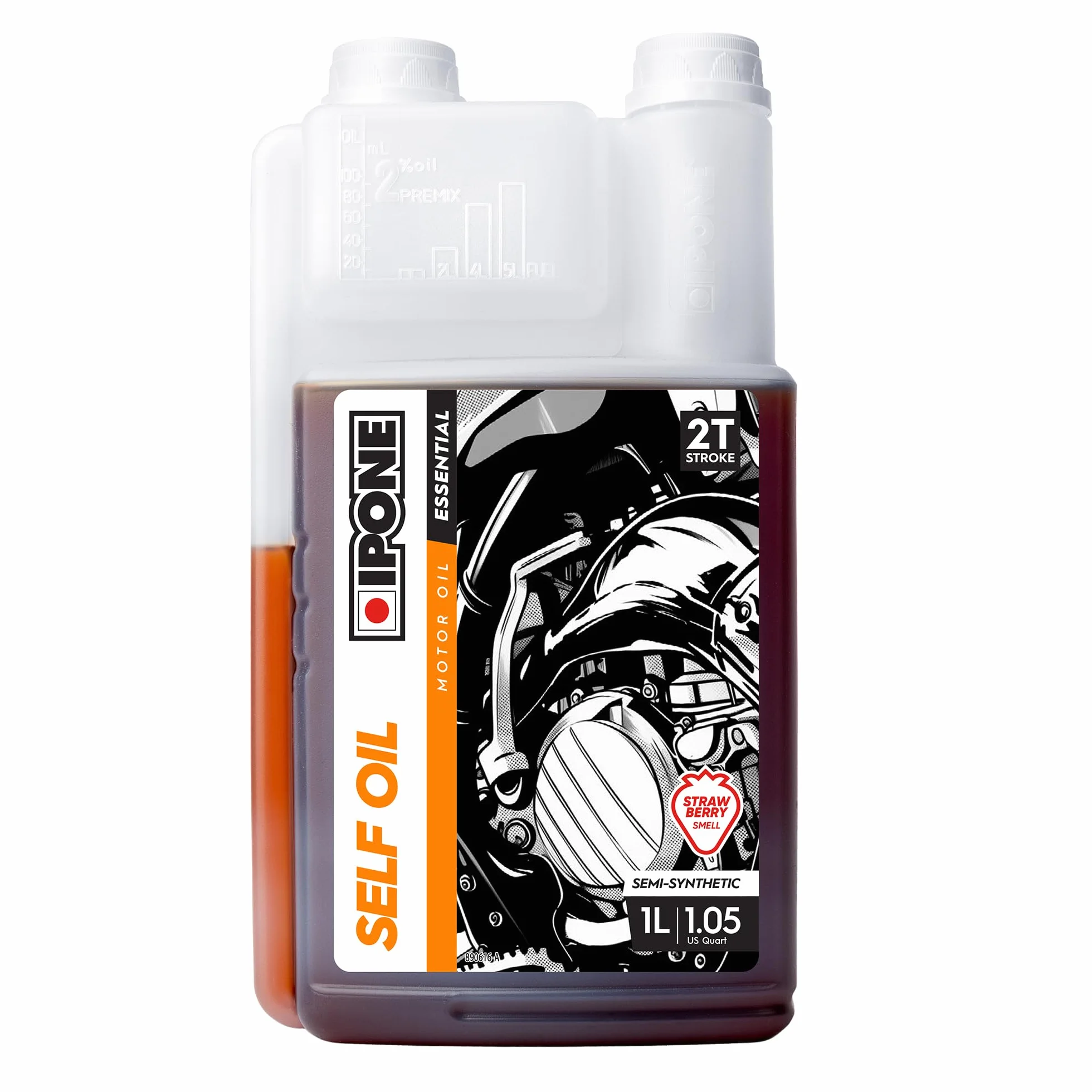IPONE – Aceite para Motor 2 Tiempos Self Oil – Aroma Fresa - Bidón dosificador 1 Litro - Semisintético - Gama Essential - Para todo tipo de motores 2 tiempos - Protección del motor