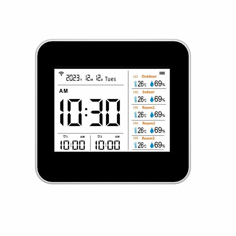 Termómetro Higrómetro Inteligente WIFI para Oficina en Casa, Monitoreo en Tiempo Real Medidor de Humedad de Temperatura 13 1 con Pantalla Hora/alarma, Material ABS Blanco (con 5 subunidades)