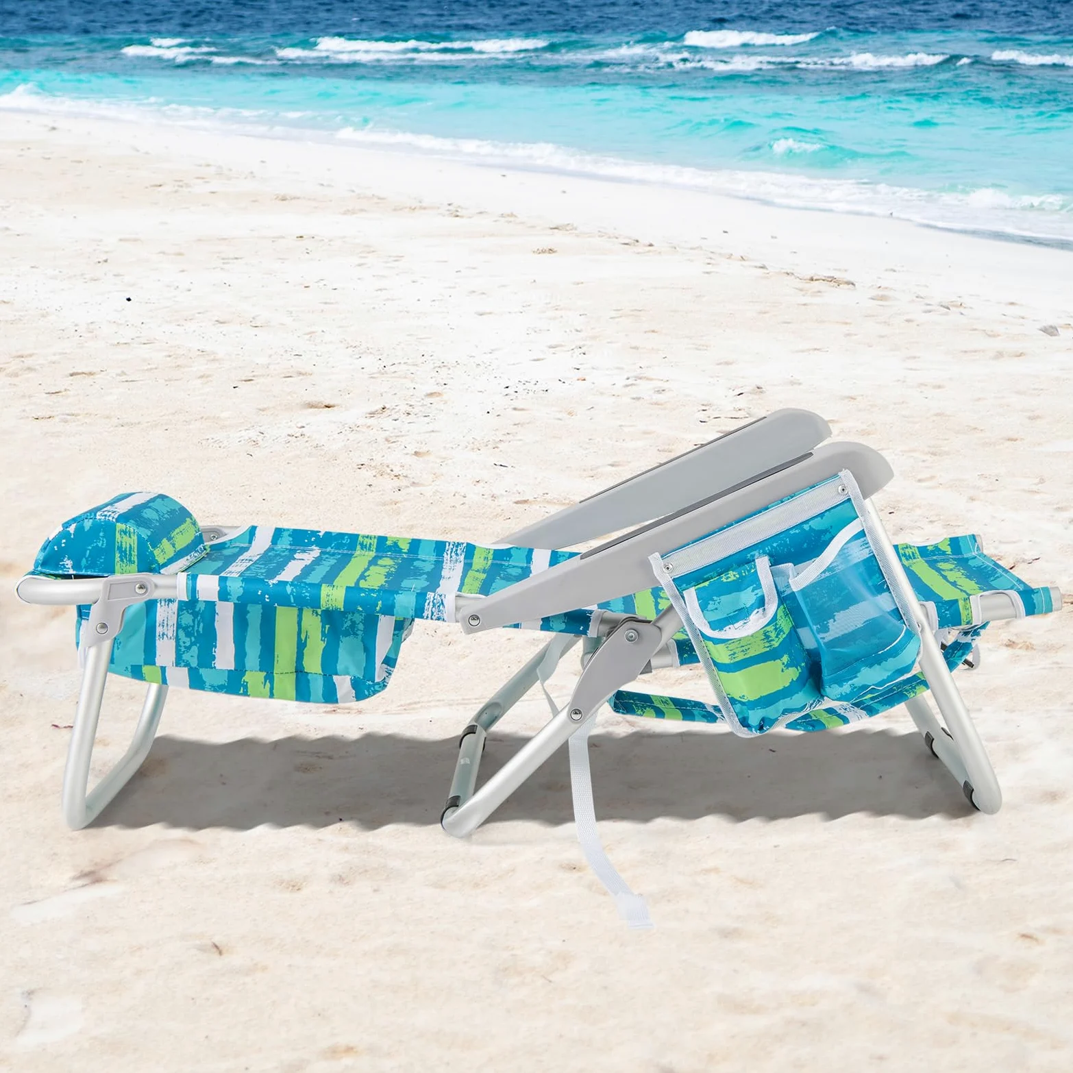 GOPLUS Silla Playa Plegable, Silla de Camping Ligera con Respaldo Ajustable en 5 Posiciones, Barra para Toallas, Portavasos, Almohada, Correas, Tumbona Exterior Reclinable, Carga 150 kg (Verde+Azul,2)