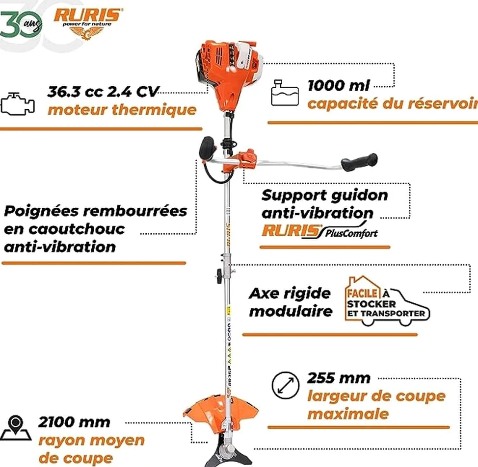 RURIS POWER FOR NATURE Desbrozadora térmica RR362 2 Tiempos 36,3 cm3, 2,4 CV, 255 mm – Arnés de Doble Balance, Asas ergonómicas de Dos segmentos