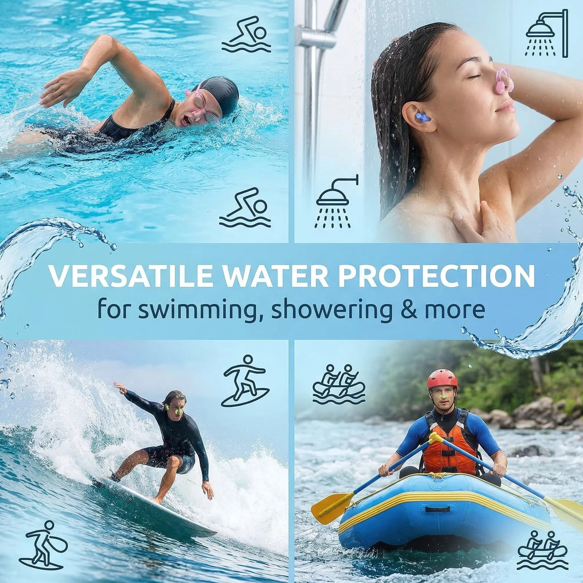 Pack de 3 Juegos de Tapones para Oídos y Pinzas para la Nariz de Natación, Silicona, Impermeable, Adultos y Niños