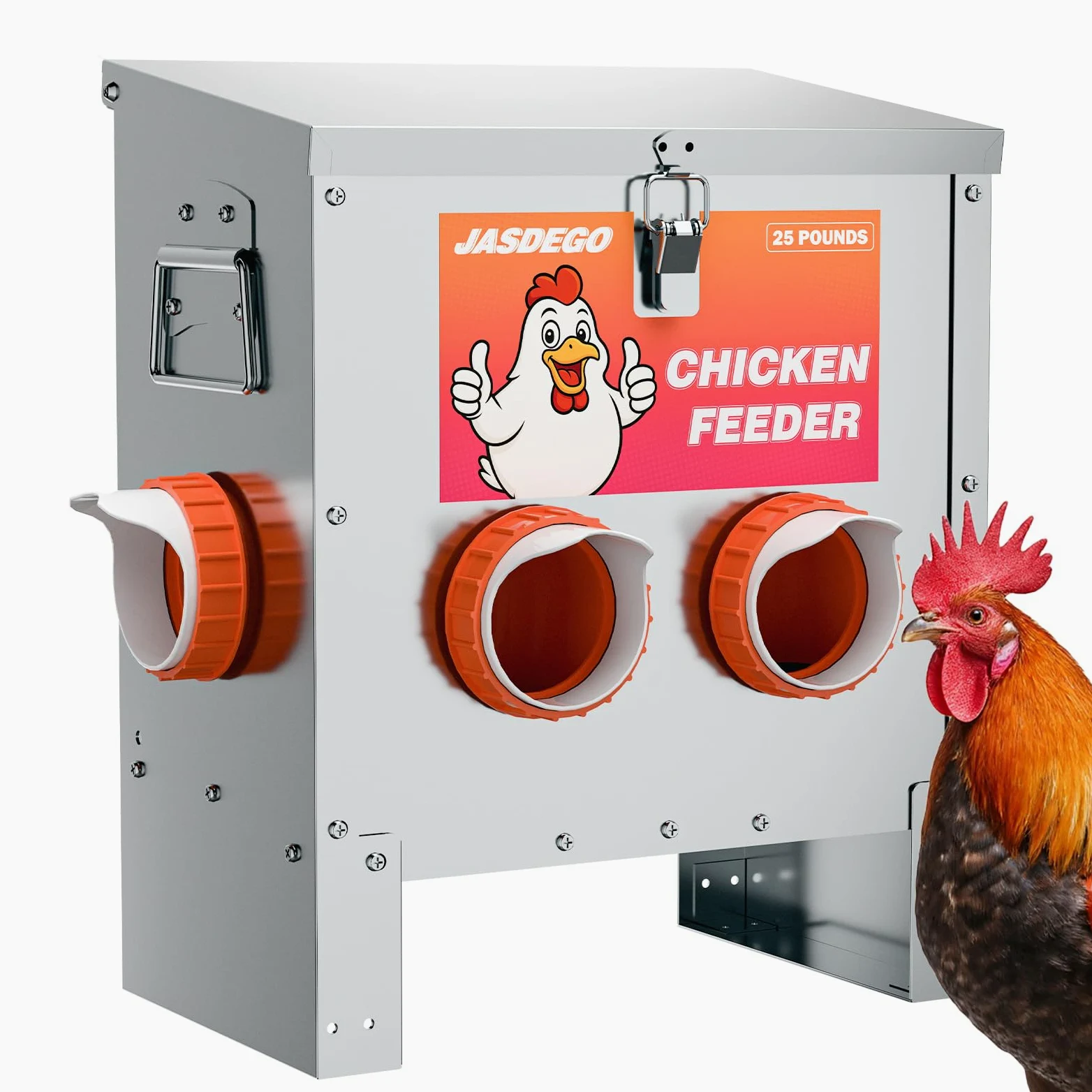 Comedero de metal para pollos, sin residuos, 25 libras, 4 puertos, alimentador automático de aves de corral con pestillo y mango para pollos, bantamas, faisanes, aves de corral, gallinero, a