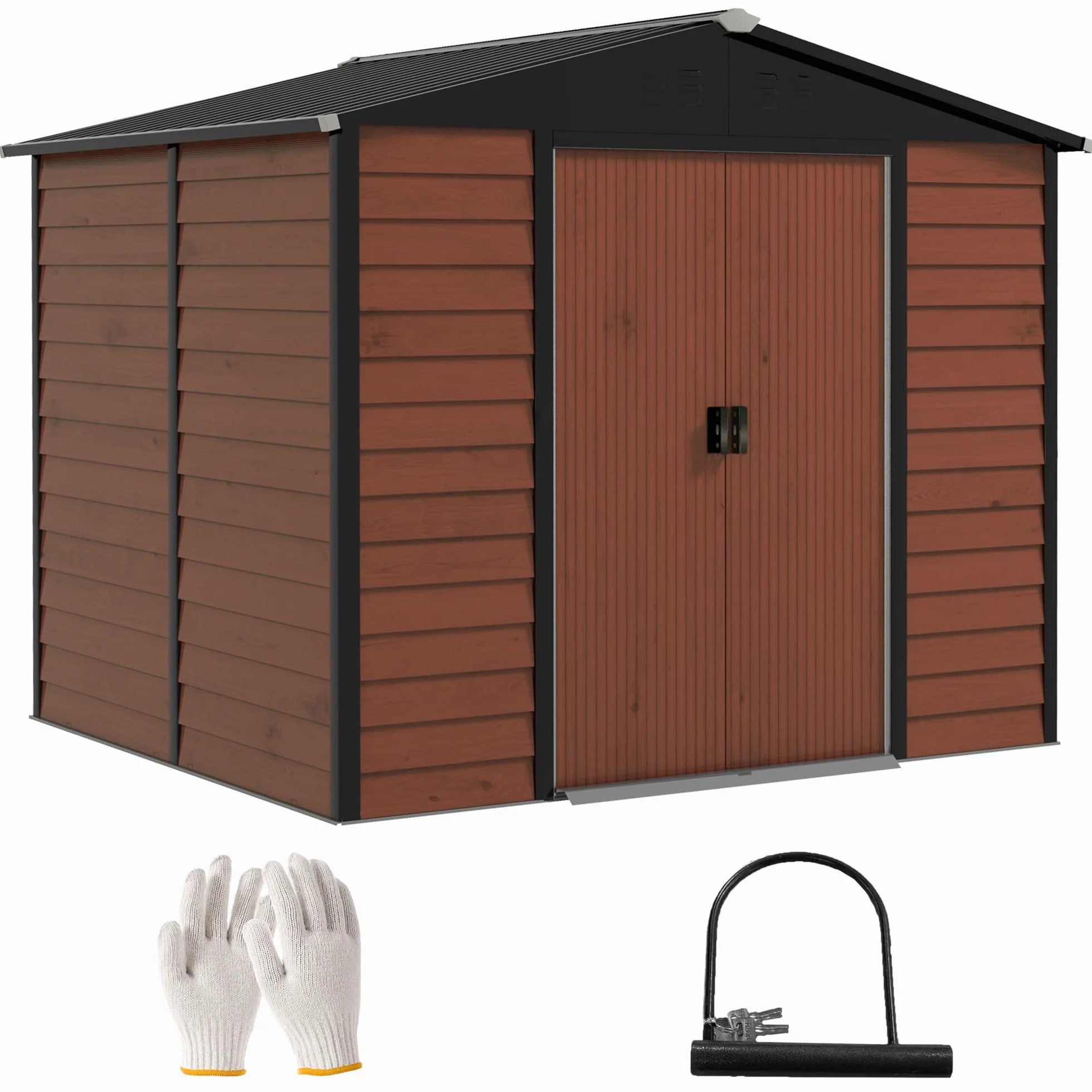 Outsunny Caseta de Jardín Exterior 4,4 m², 240x206x198 cm, Cobertizo de Jardín Exterior Metálico con Base Refuerzo (Suelo NO Incluido), Puerta Corredera con Cerradura y 4 Ventanas para Patio, Teca