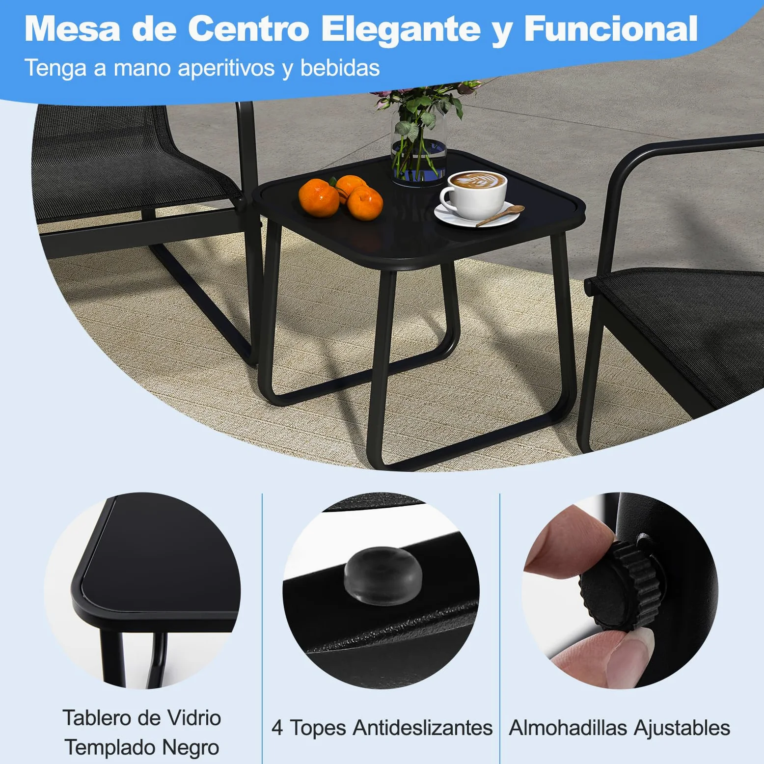 COSTWAY Conjunto Mesa y Sillas Jardin 3 Piezas, Conjunto Jardin Exterior Mesa y Sillas, 2 Siilas de Tela Transpirable y 1 Mesa Encimera de Vidrio Templado,Terraza Balcón (Negro)