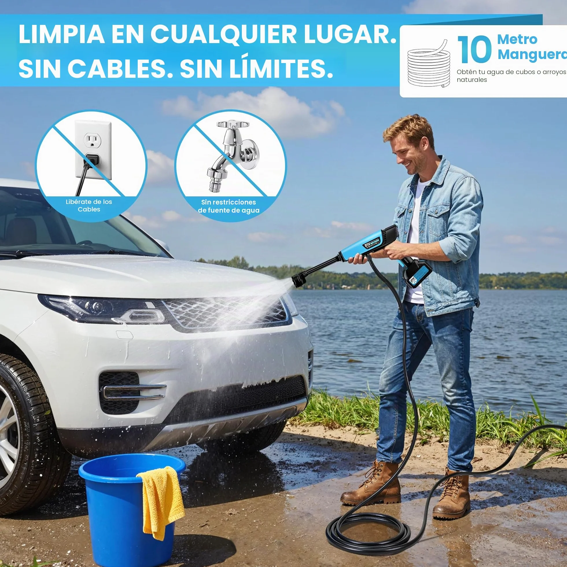 Hidrolimpiadora Bateria,Pistola de Agua a Presión 21V 80 bar,2x4000mAh,Boquilla 6 en 1,Tubo de 10 m Press & Clean Pistola Lavado,Hidrolimpiadora Portatil Batería para Coche Jardín Terraza Césped Riego