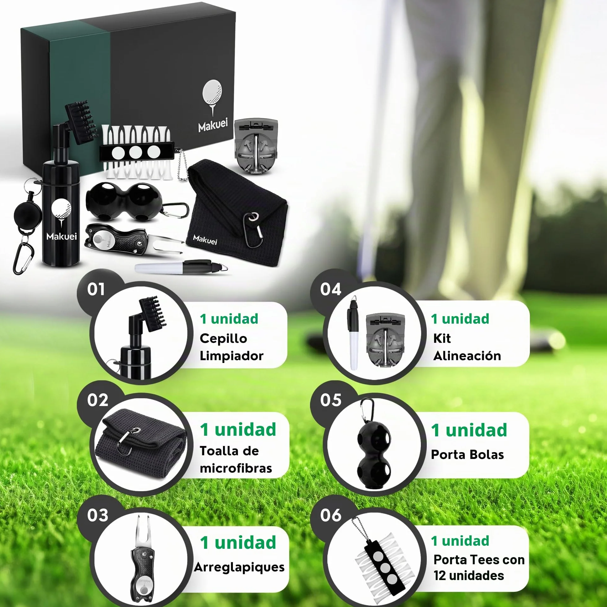Accesorios de golf 6 en 1: Cepillo limpiador, arreglapiques, tees, toalla y otros accesorios para golfistas