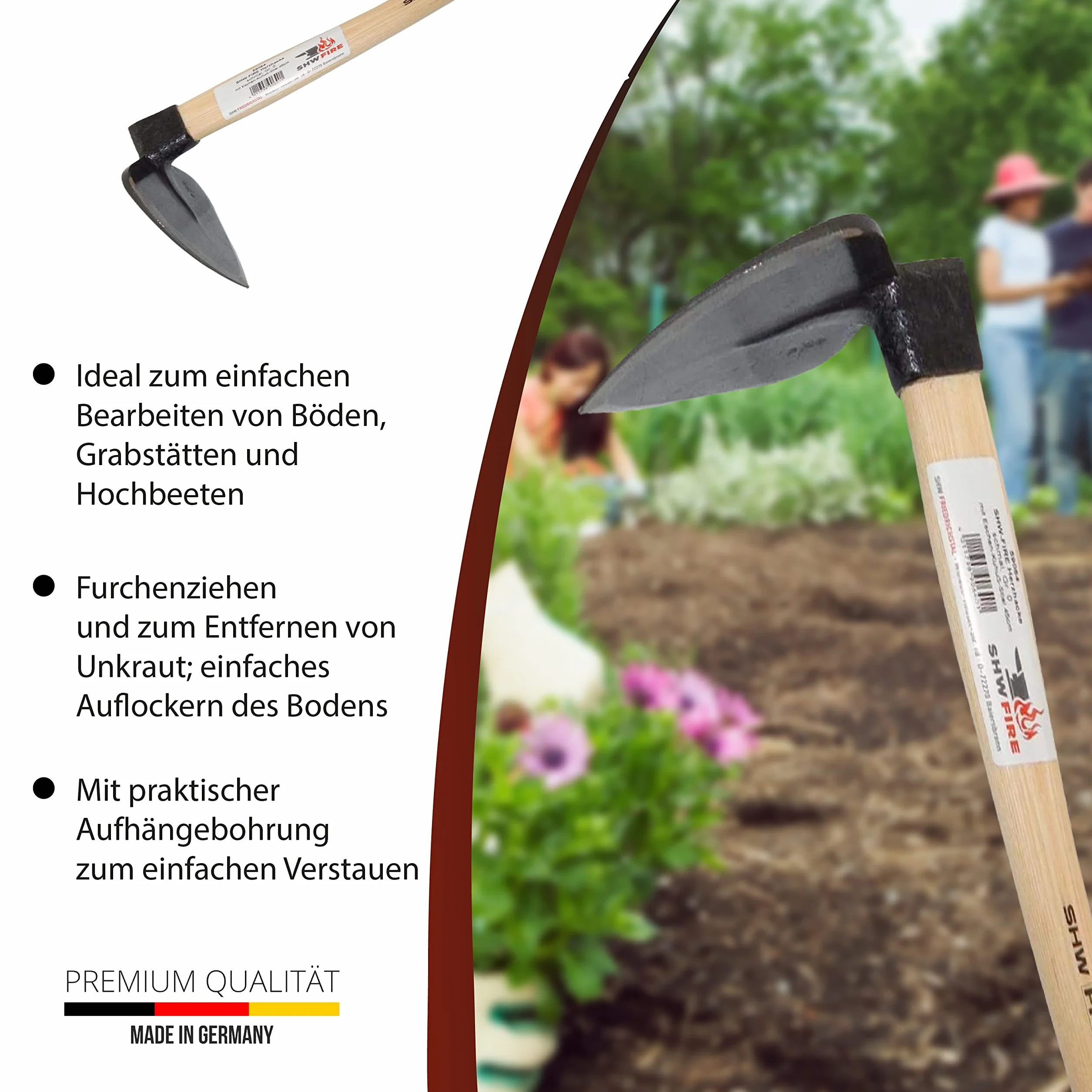 Azada de acero forjado, mango corto de madera de fresno de 45 cm, ideal para jardinería SHW-FIRE