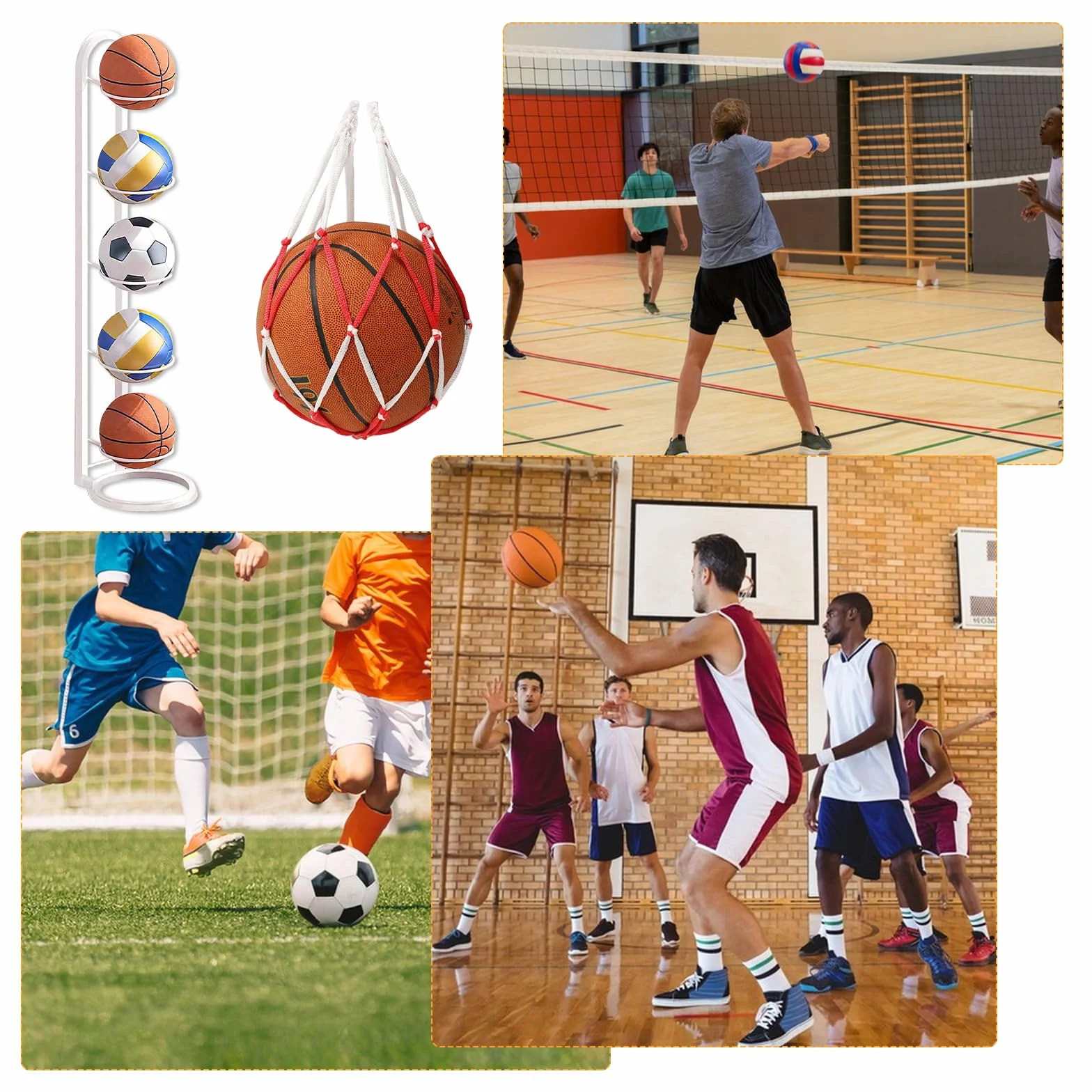 Soporte Balón Fútbol 5 Niveles Vertical con Bolsillo Malla Almacenamiento Hierro Extraíble Estable Baloncesto Fútbol Voleibol