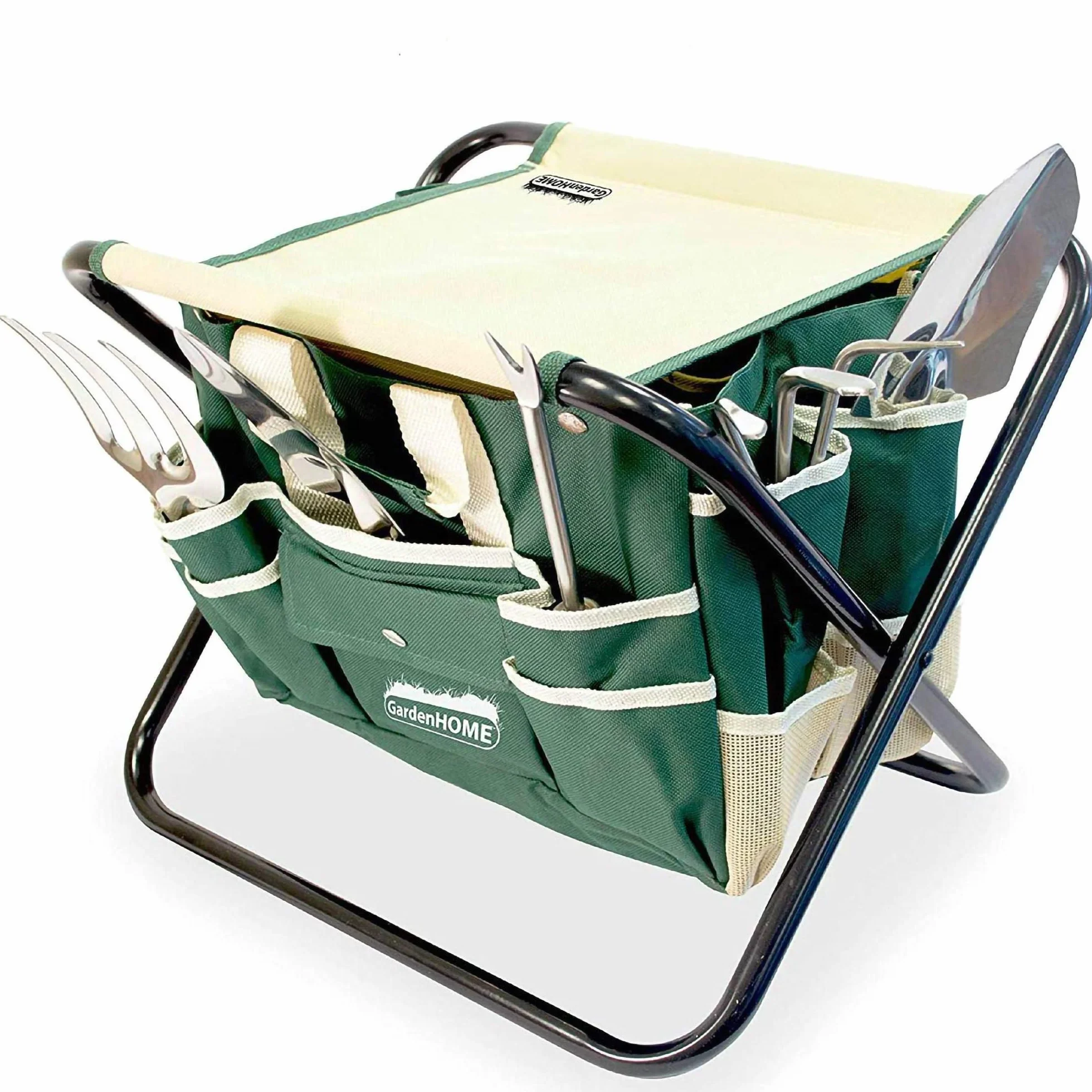 GardenHome Taburete Plegable para Jardinería 7 en 1 - Incluye Juego de Herramientas de Jardín de Acero Inoxidable de 5 Piezas y Estuche de Transporte Gratuito