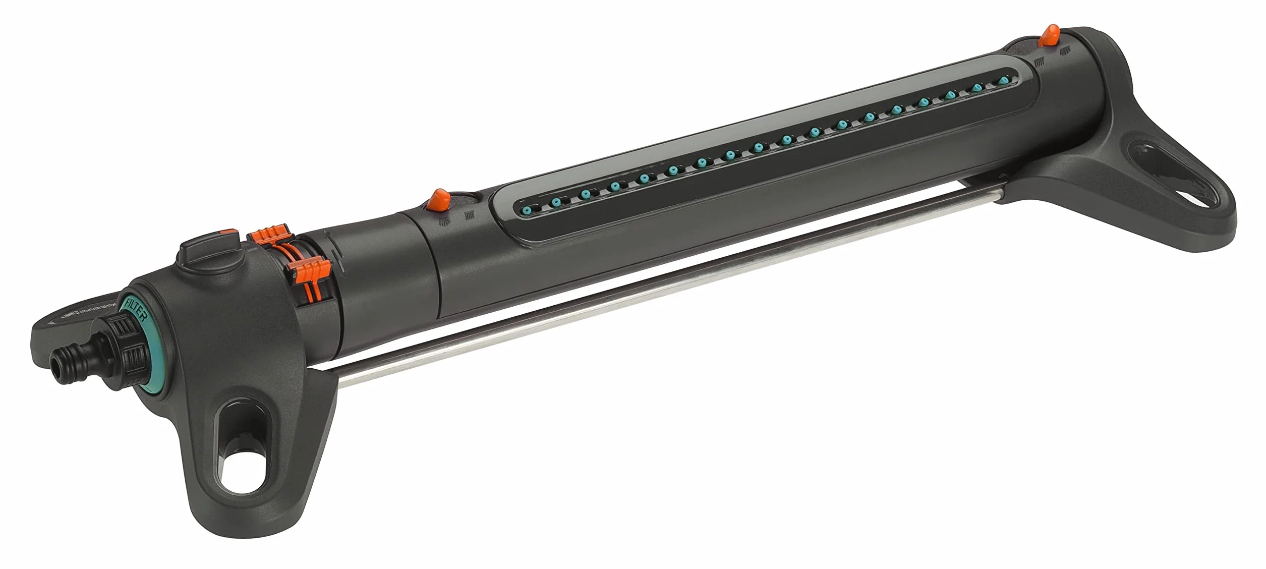 Aspersor oscilante Gardena AquaZoom L: aspersor para regar superficies de entre 28 y 350 m², radio de alcance 7-21 m, amplitud de riego 4-17 m, filtro de metal integrado (18714-20)