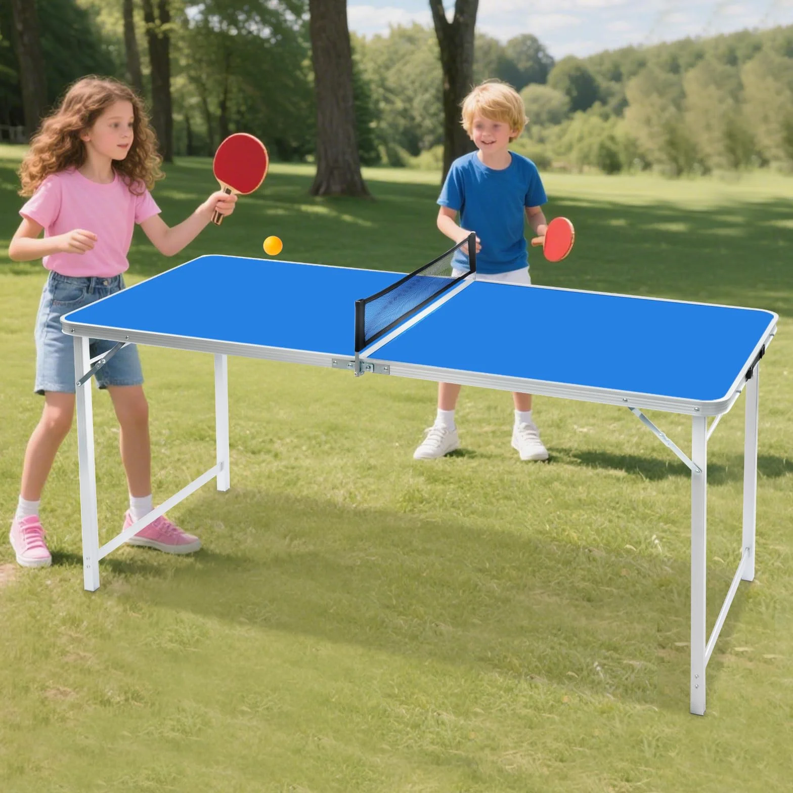 Mesa de ping pong azul plegable con red, 2 raquetas y 3 pelotas, exterior e interior, 152 x 67 x 70 cm