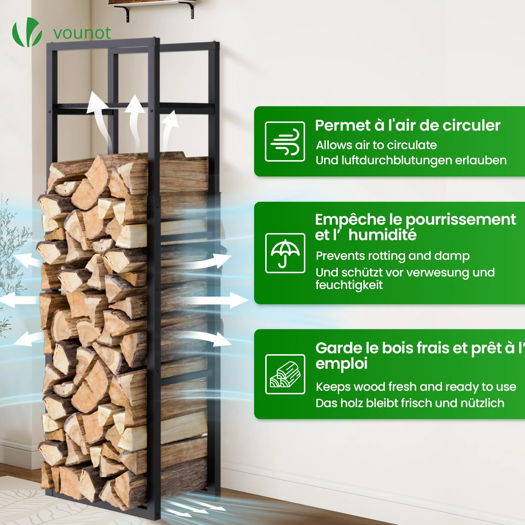 VOUNOT® Soporte de Madera Vertical de Metal Ajustable de 3 Niveles, 45 x 32 x 120-170 cm, Leñero con Estantería Integrada, Estante de Registro de Chimenea para Interior y Exterior, Negro