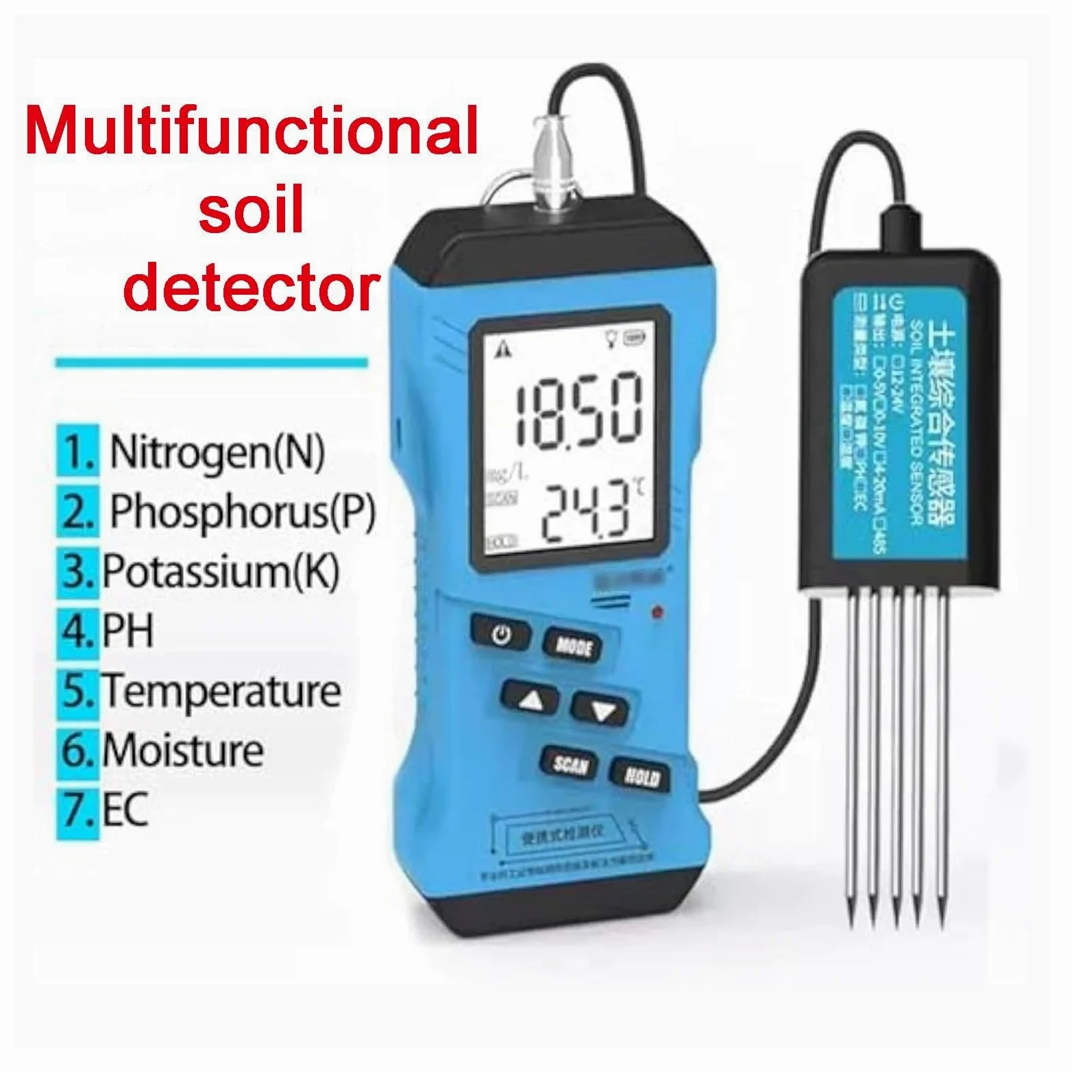 Detector de suelo 7 en 1 de alta precisión, nitrógeno, fósforo, potasio, pH y humedad, sensor de agua, conductividad, fertilizante EC