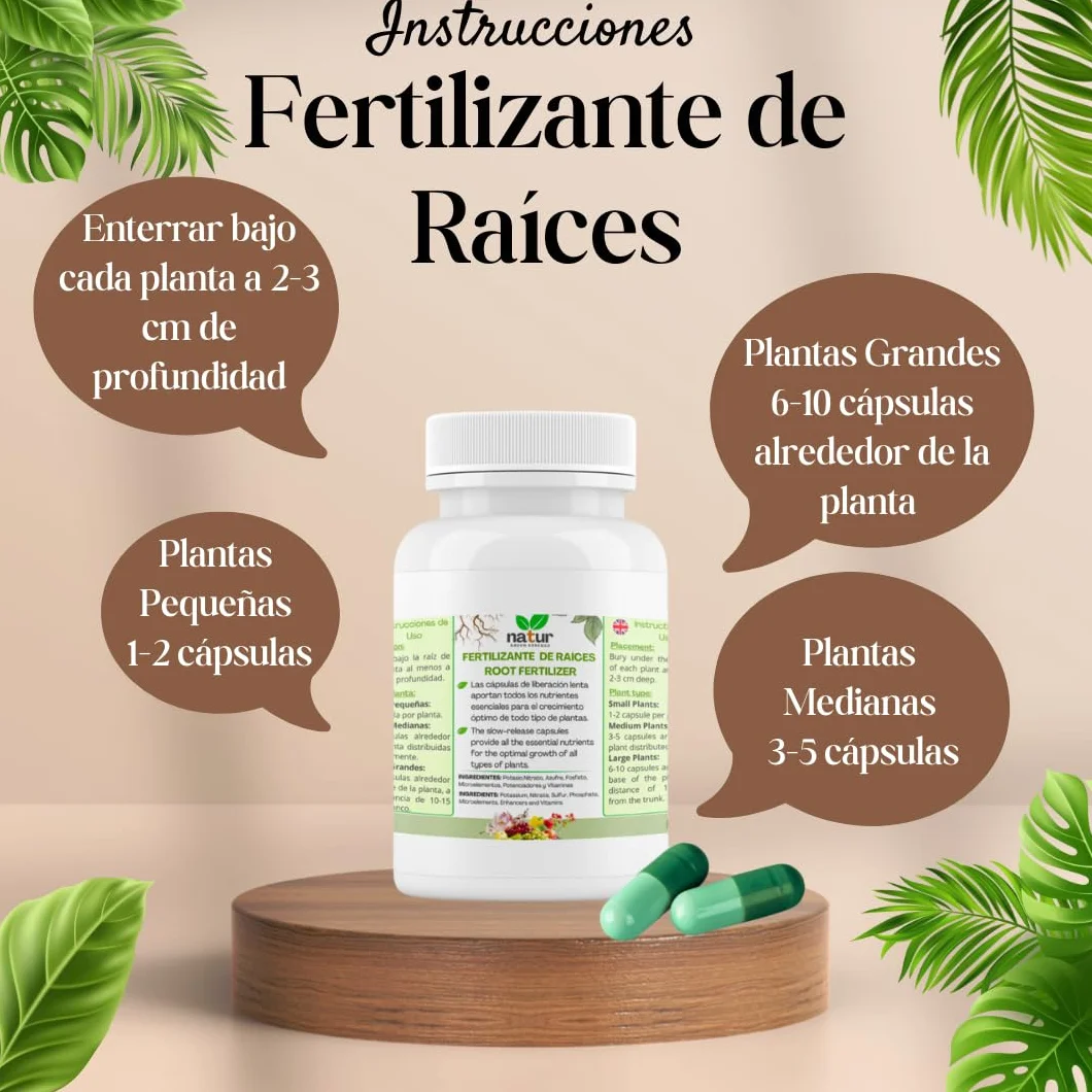 Natur Cápsulas de Abono para Raíces, Potenciador del Crecimiento, Abono Completo con todos los Nutrientes para Plantas de Interior, Exterior y Jardín, 100 Pastillas.