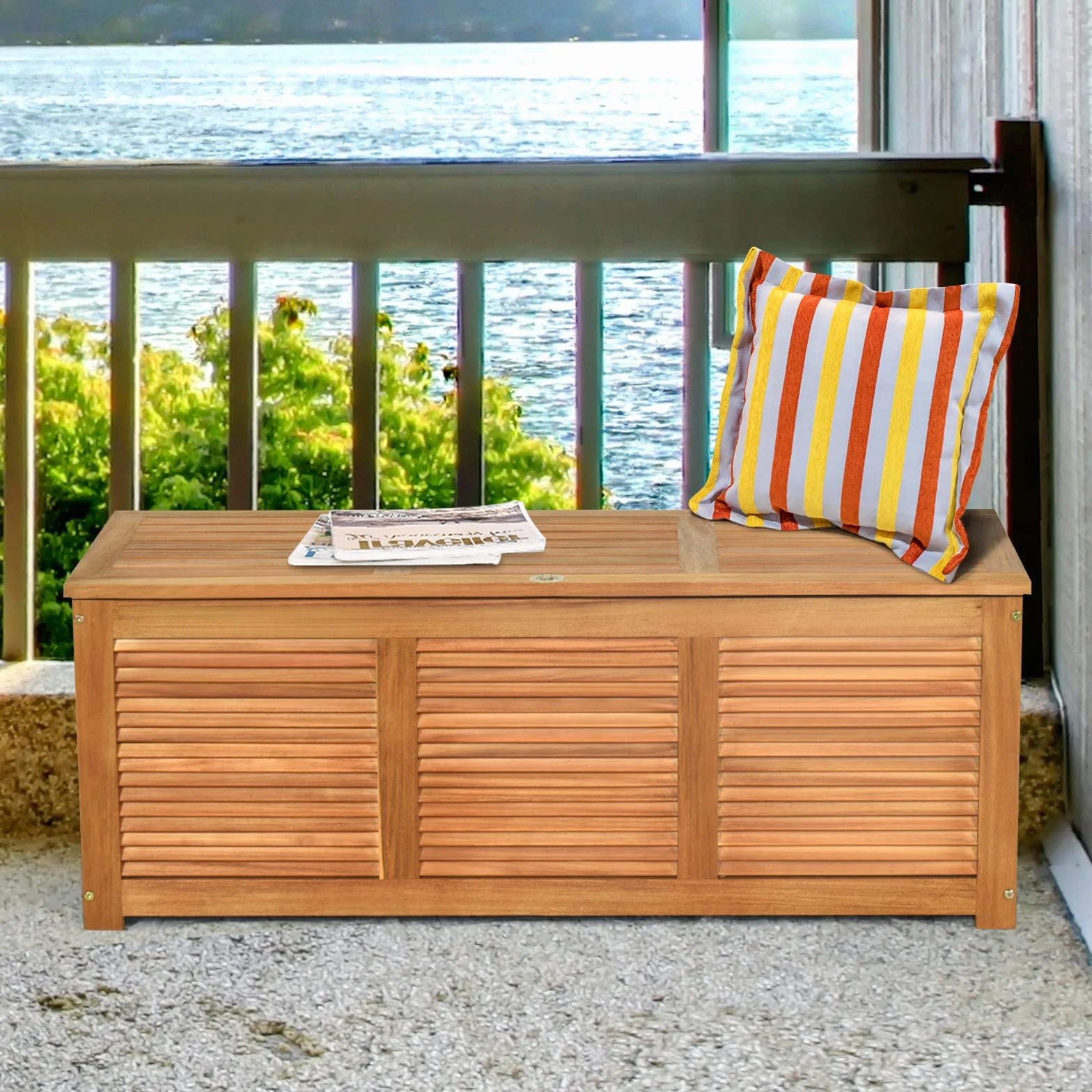 GOPLUS Baúl Almacenaje Exterior de Madera Acacia, Banco Contenedor con Capacidad 178L carga 150 kg, Caja de Almacenamiento con Tapa, Arcón para Jardín Patio Terraza Balcón, 120x45x45cm, Natural