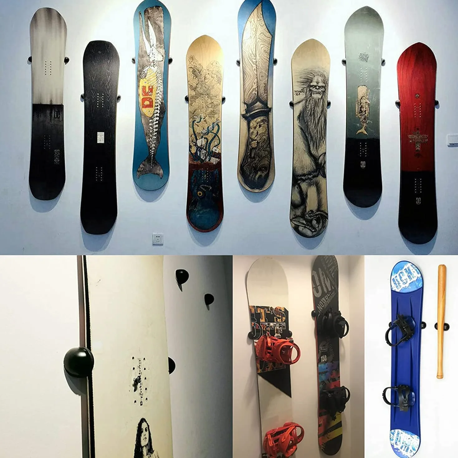 AUXPhome Soportes de pared para esquí snowboard, acero inoxidable, goma resistente, paquete de 4