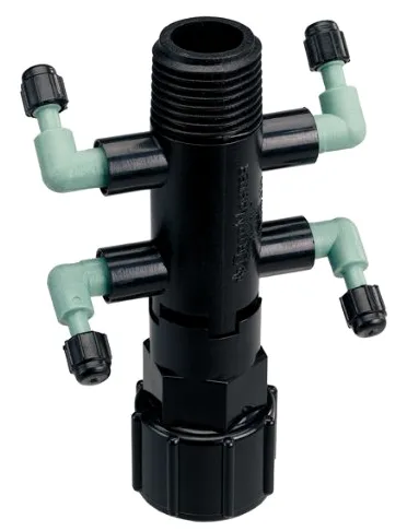 Orbit paquete de 3 adaptadores de arbusto con sistema de goteo, colector de riego de 4 puertos para tubo de 1/4 pulgadas