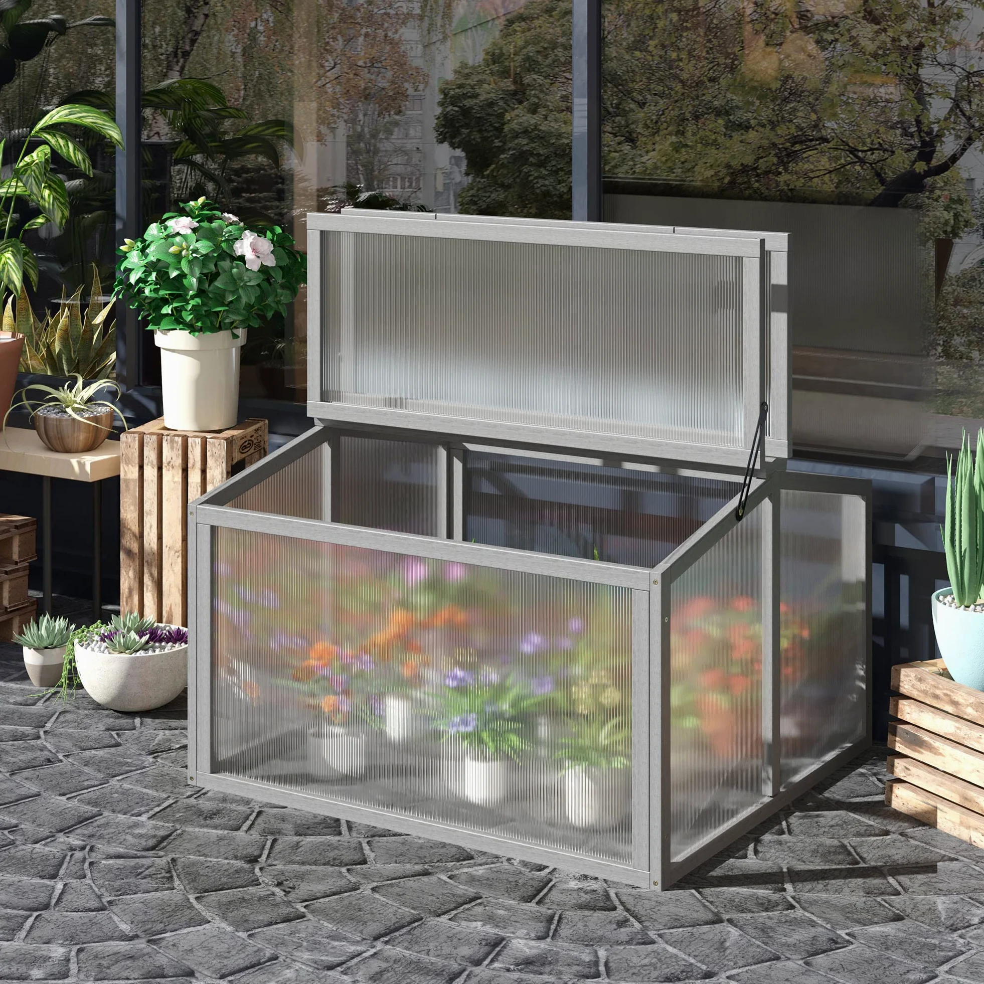 Outsunny Invernadero frío con Cubierta 90x80x58cm Gris Claro | Invernadero, marco frío, cama de plantas, de madera y policarbonato, resistente a la intemperie