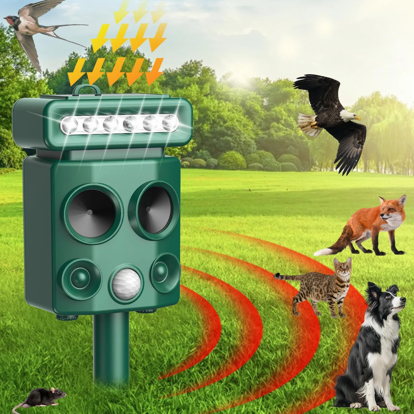 Repelente para Gatos, Ahuyentador de pájaros, IP65 Impermeable, disuasión Solar ultrasónico, Ahuyentador de Ratas con LED Intermitentes, Perros, Ratones, Zorros
